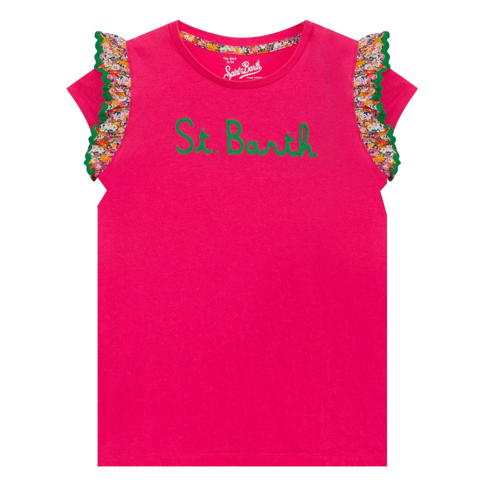 Mc2 Saint Barth Kids' Girl Cotton T-shirt With Flounce And Embroidery In Pink