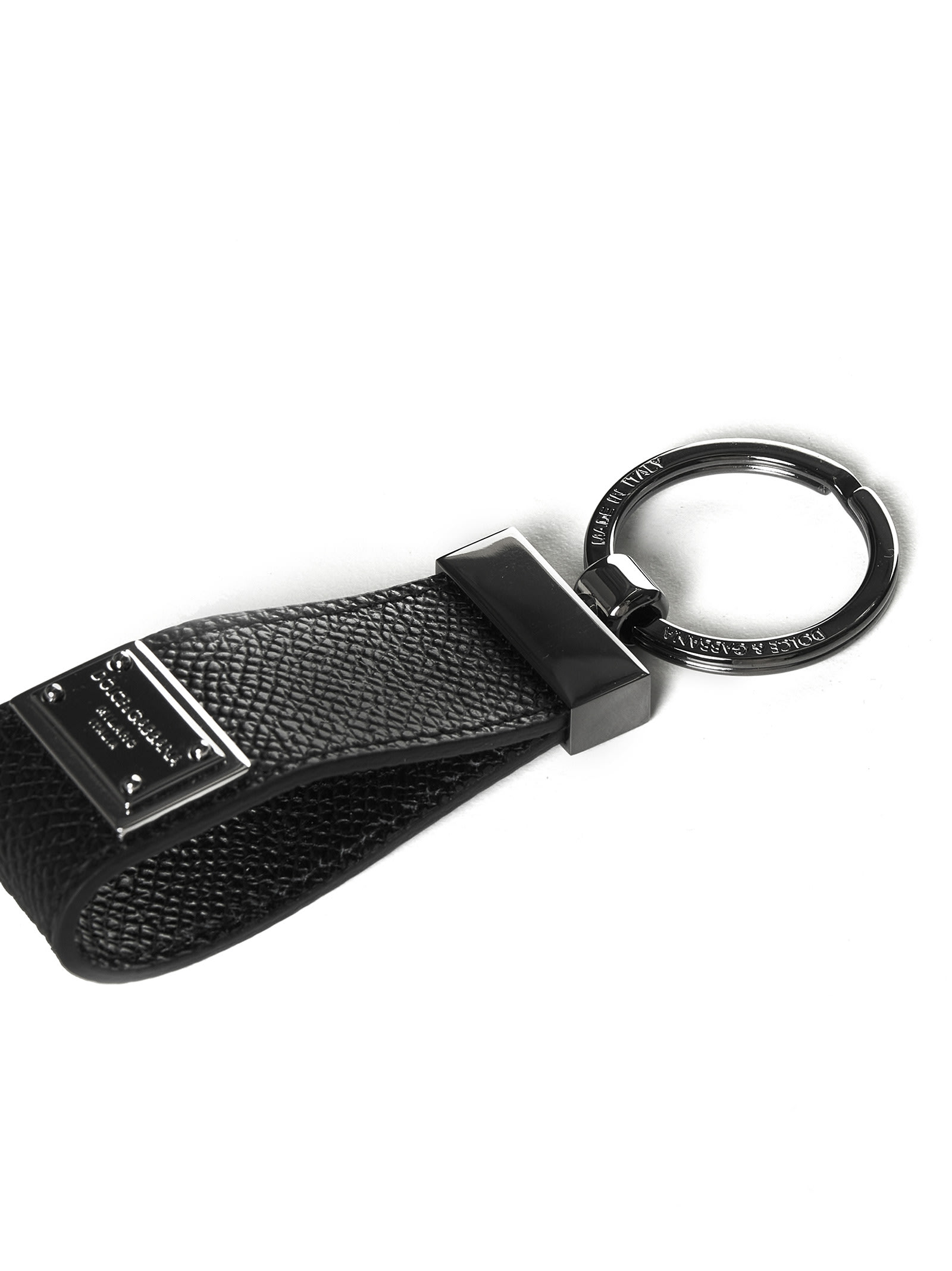 Dolce & Gabbana Calfskin Key Chain With Logo Tag In Black