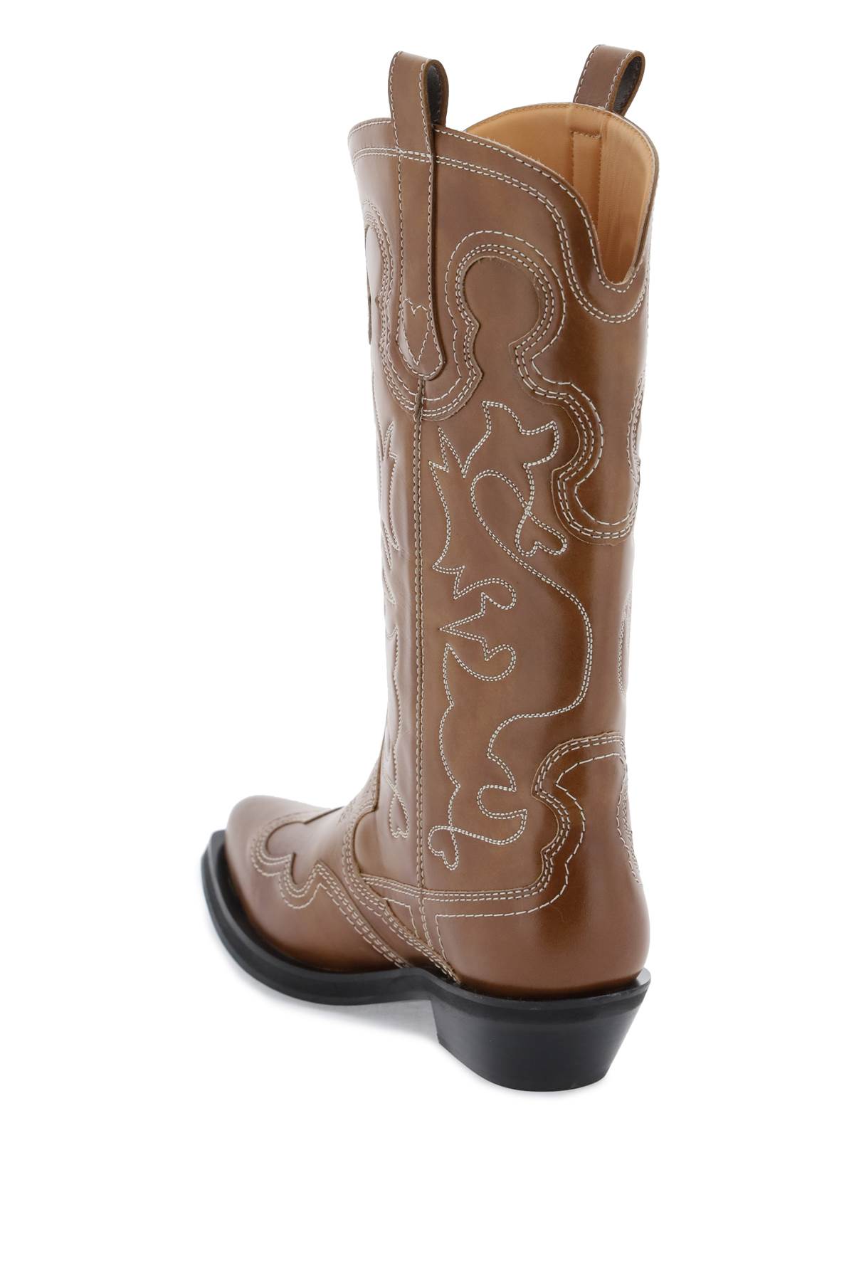 Shop Ganni Embroidered Western Boots In Leather Brown