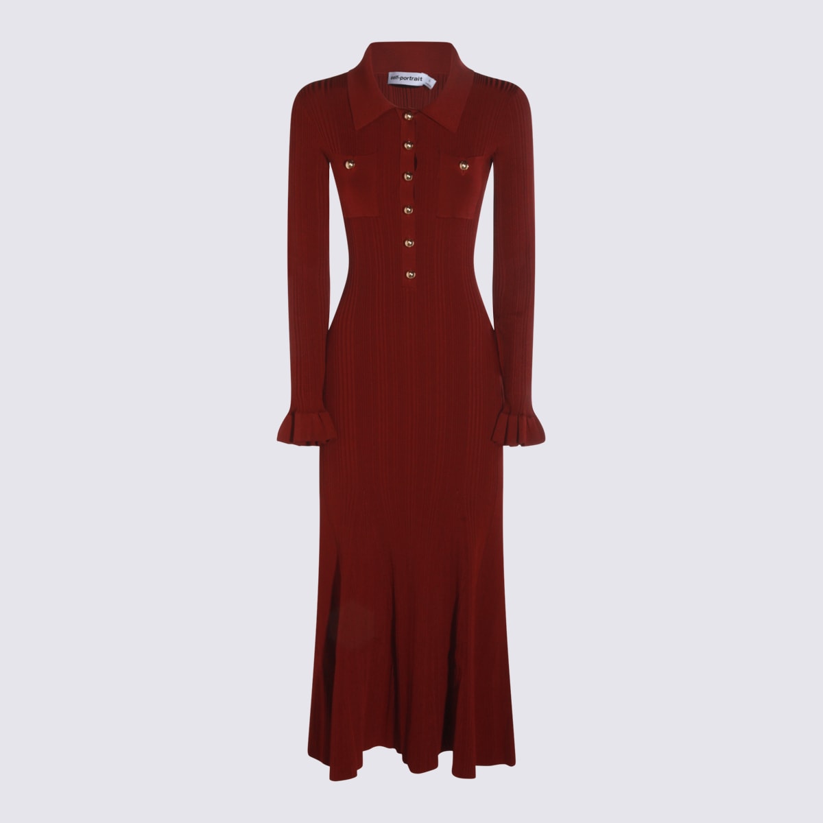 Self-portrait Fitted Ribbed Maxi Dress With Classic Collar In Burgundy