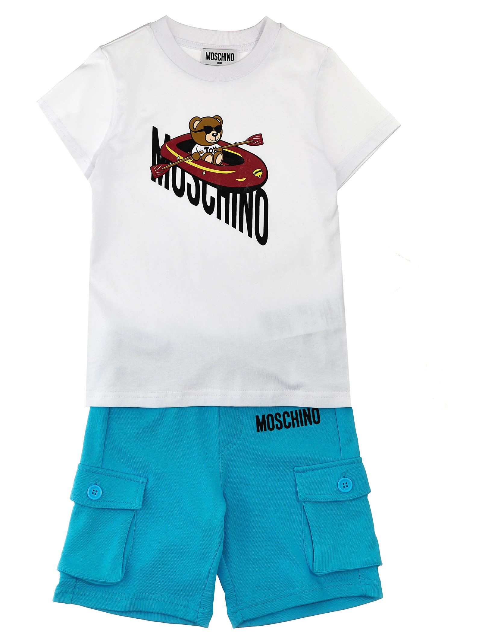 Moschino Kids' T-shirt + Logo Print Bermuda Shorts In Light Blue