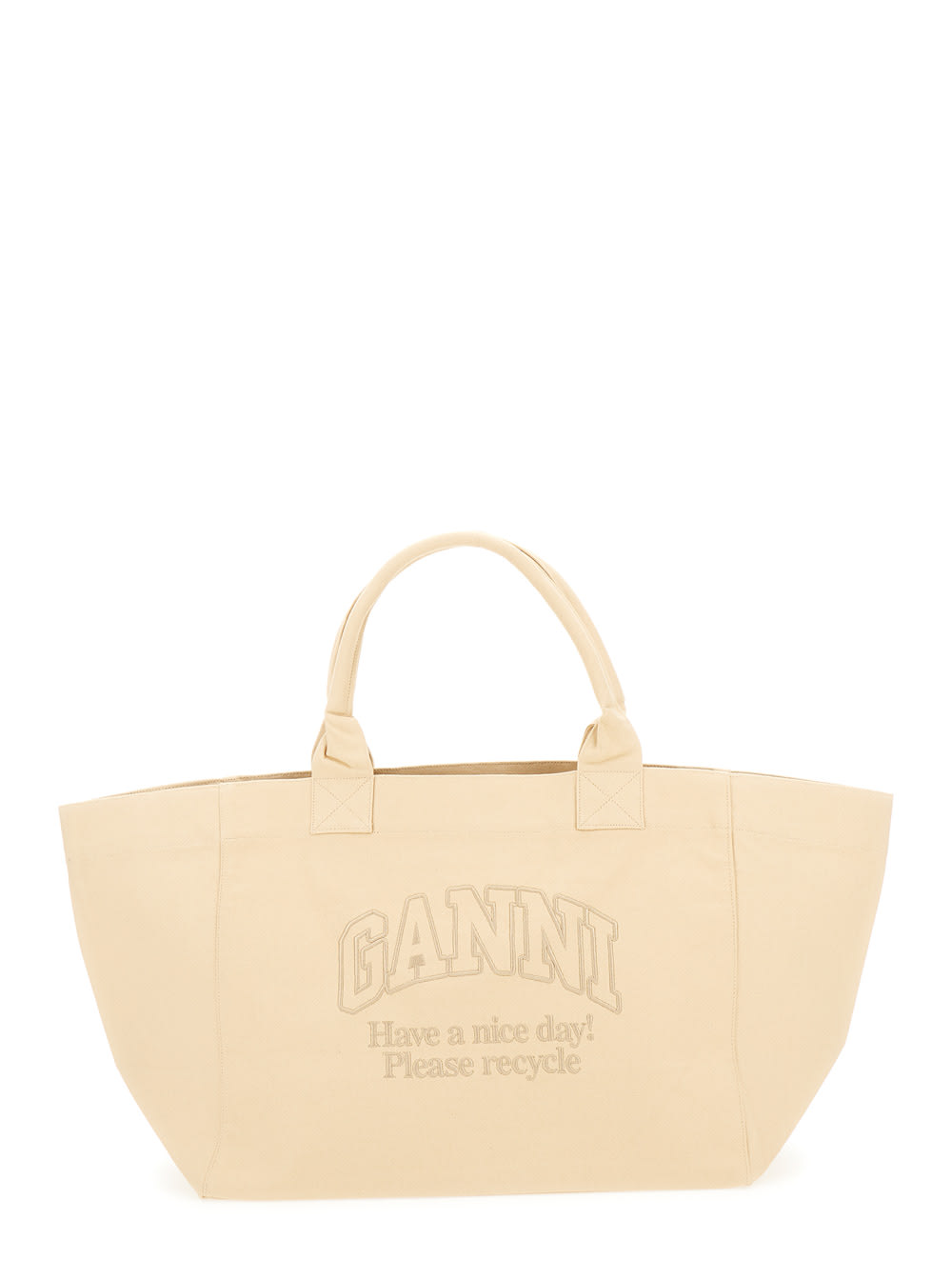 Ganni Oversized Shopping Bag With Logo Embroidery Tote Bag Beige