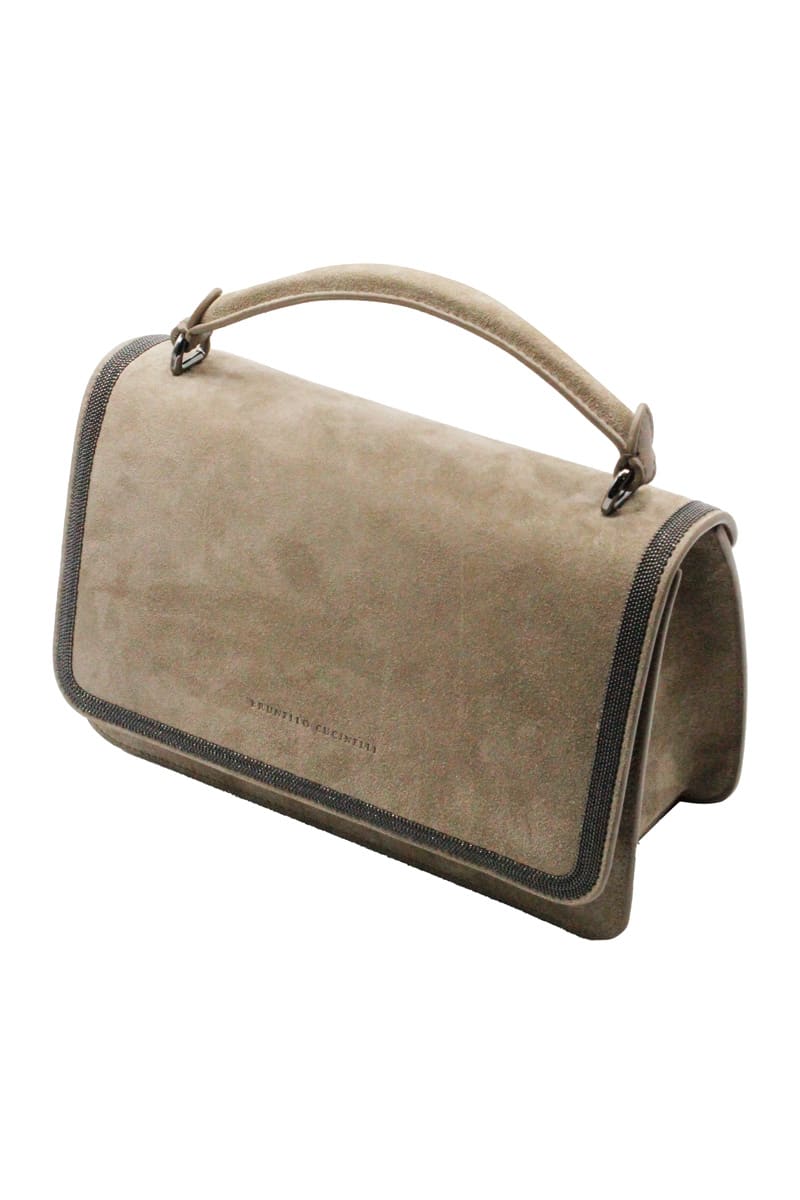 Brunello Cucinelli Handbag And Shoulder Bag In Soft Suede Embellished With Rows Of Jewels