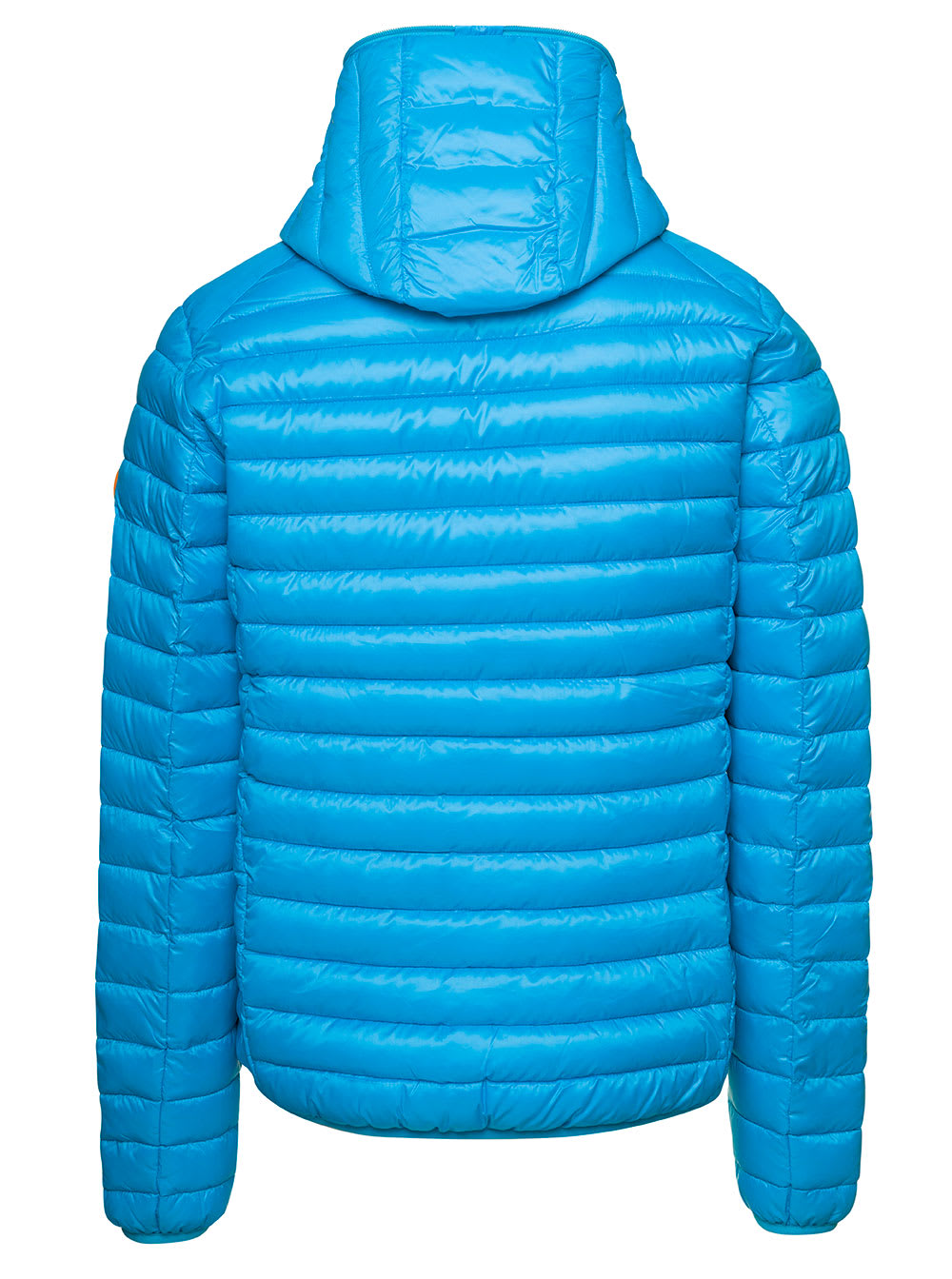 Shop Save The Duck Blue Hooded Puffer Jacket With Zip Fastening And Logo In Polyester Man In Light Blue