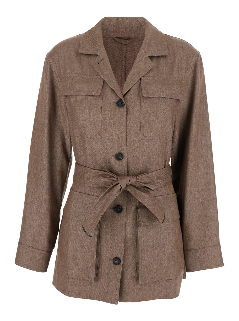 Brunello Cucinelli Brown Jacket With Notched Revers And Front Closure With Bow In Linen Blend Woman In Brown