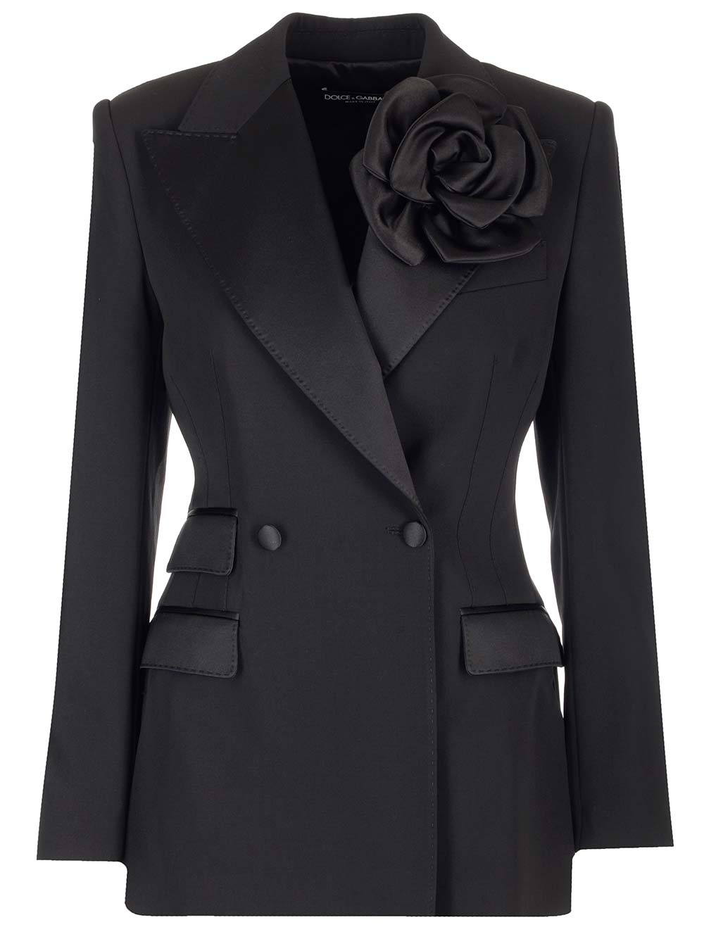 Shop Dolce & Gabbana Double-breasted Jacket With Applied Flower In Black