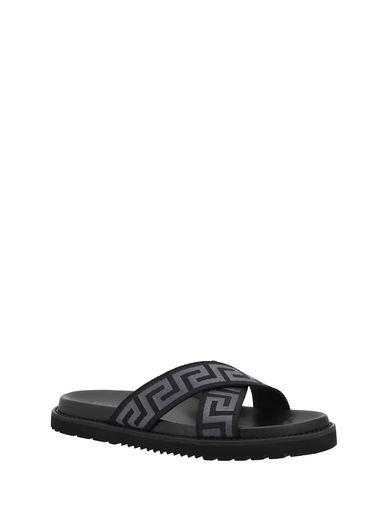 Versace Greca Jacquard Flat Slides In Black +anthracite