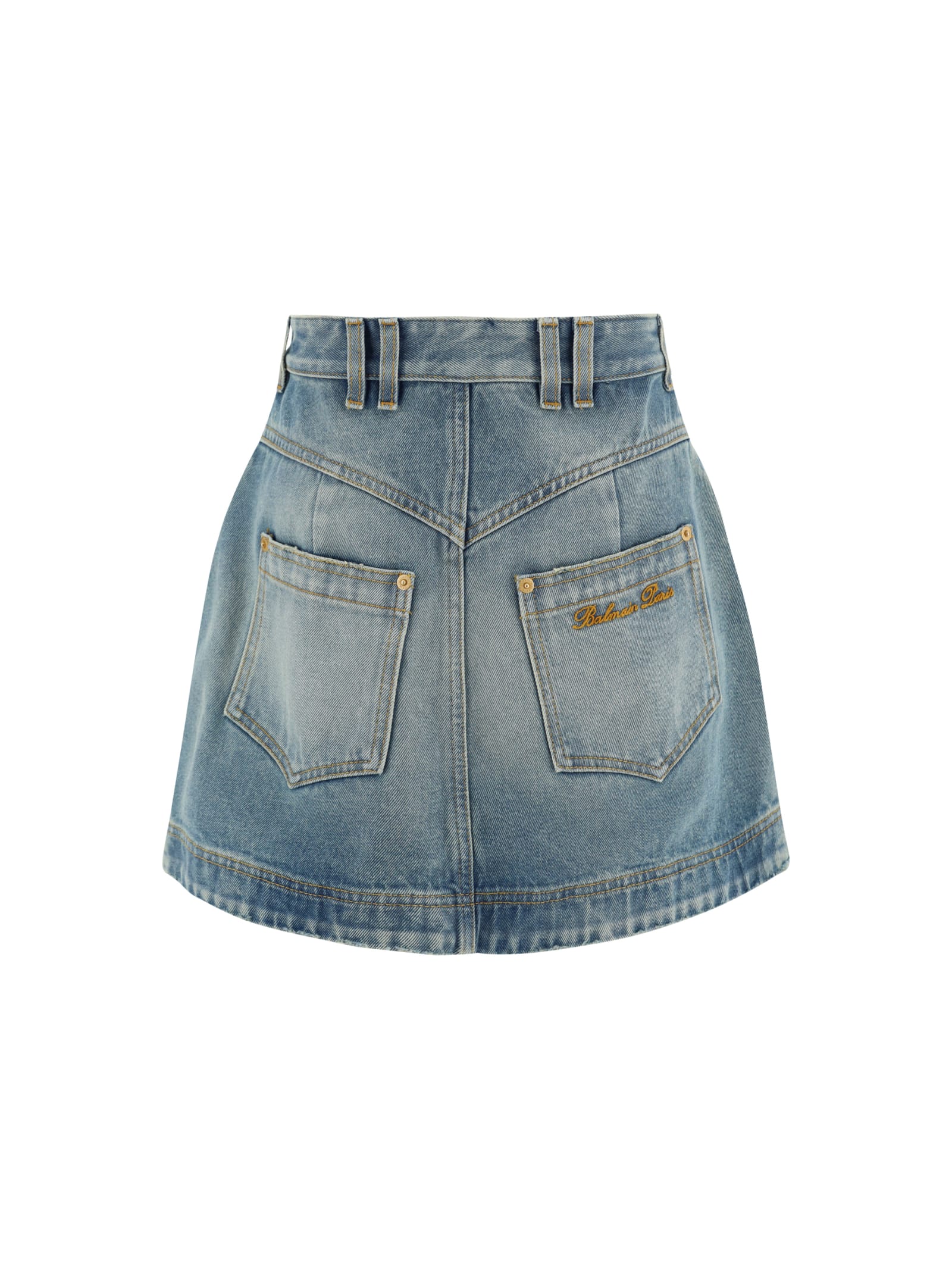 Shop Balmain Trapeze Mini Skirt In Bleu Jean