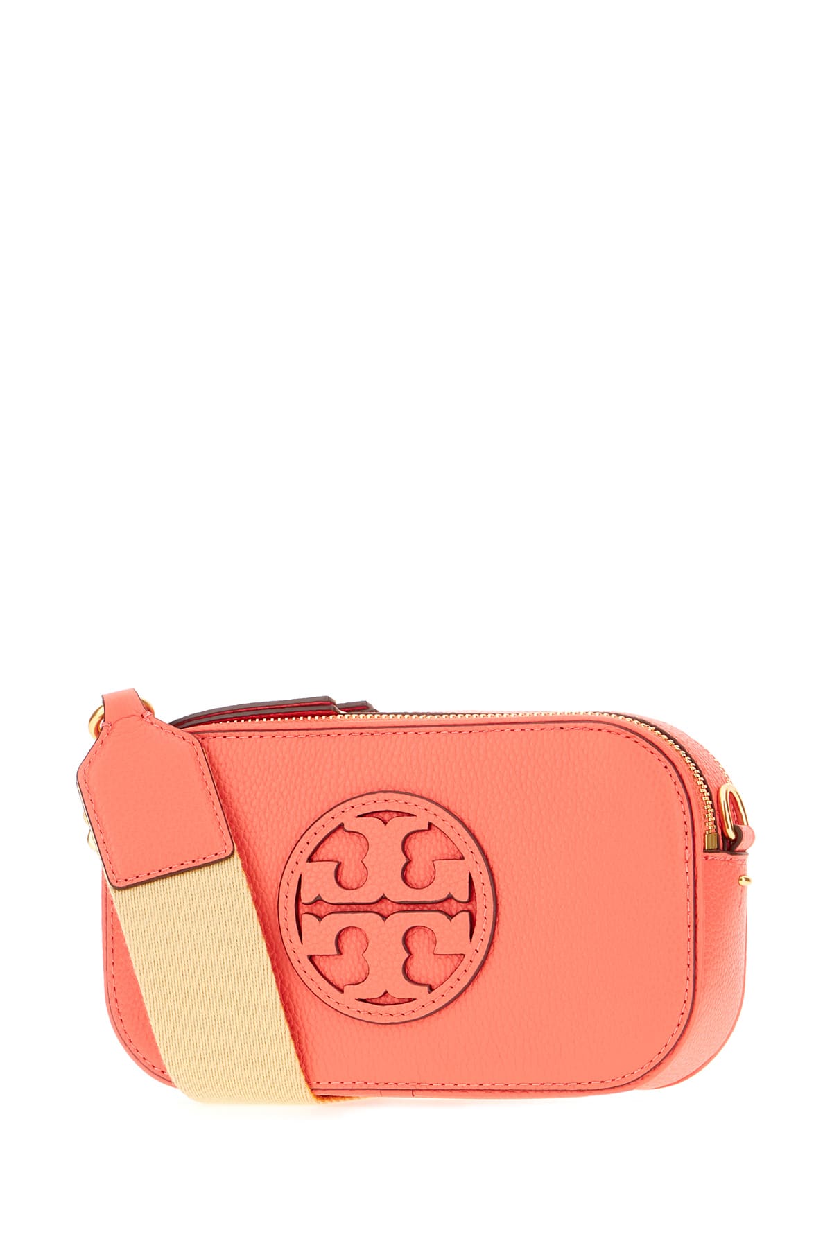 Shop Tory Burch Salmon Leather Mini Miller Crossbody Bag In Coral Crush