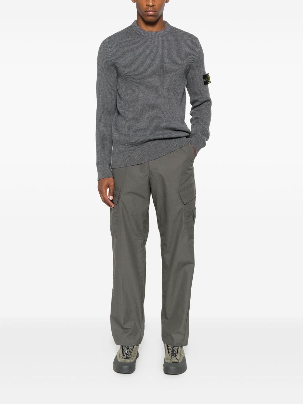 Stone Island Ribbed Sweater With Application In Gray