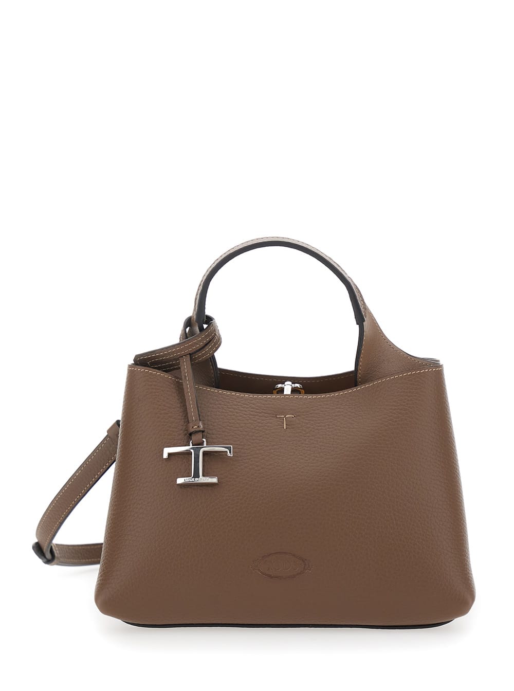 Tod's Brown Handbag With Embossed Logo And T Timeless Pendant In Grain Leather Woman