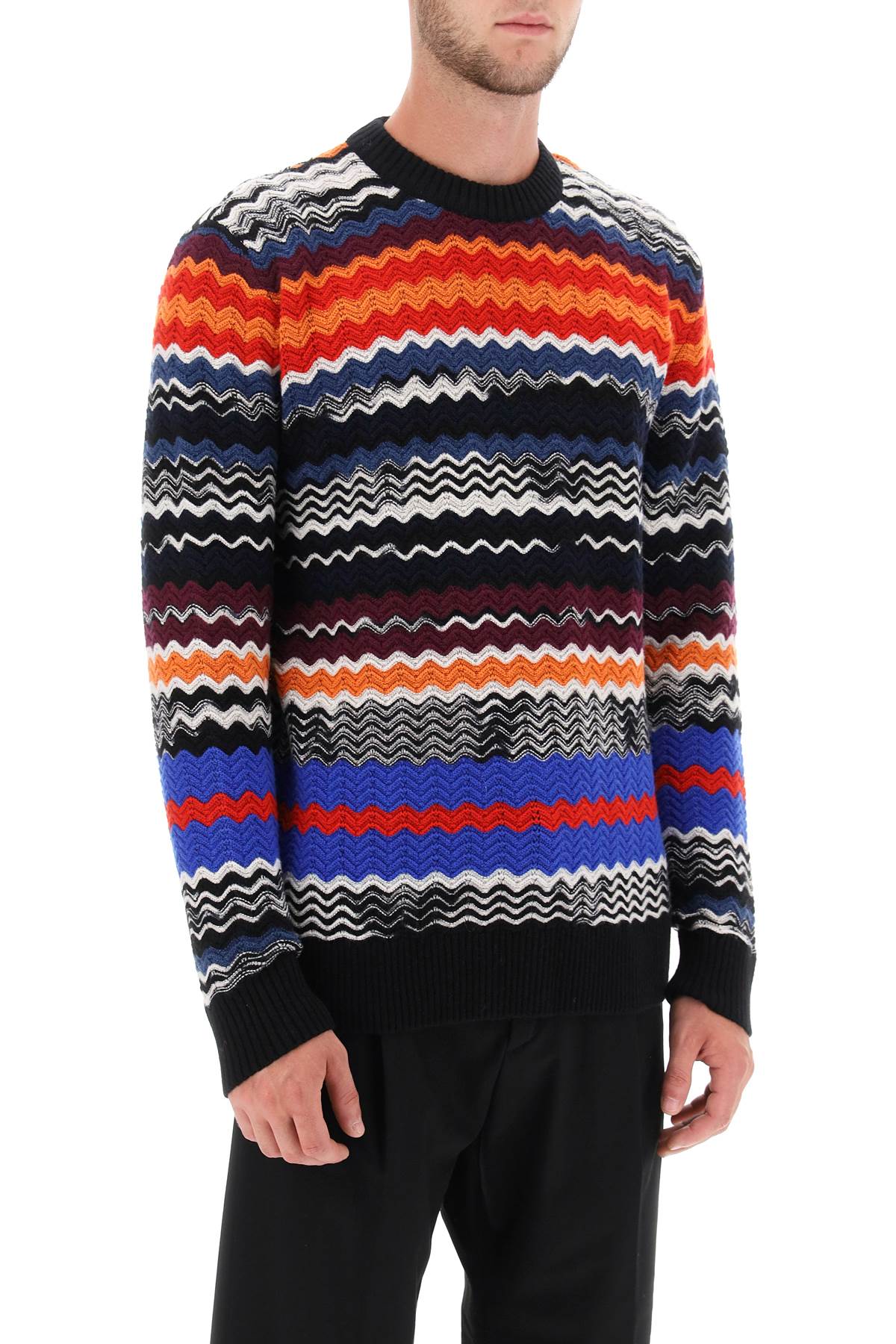 Shop Missoni Crew-neck Sweater With Multicolor Herringbone Motif In Black