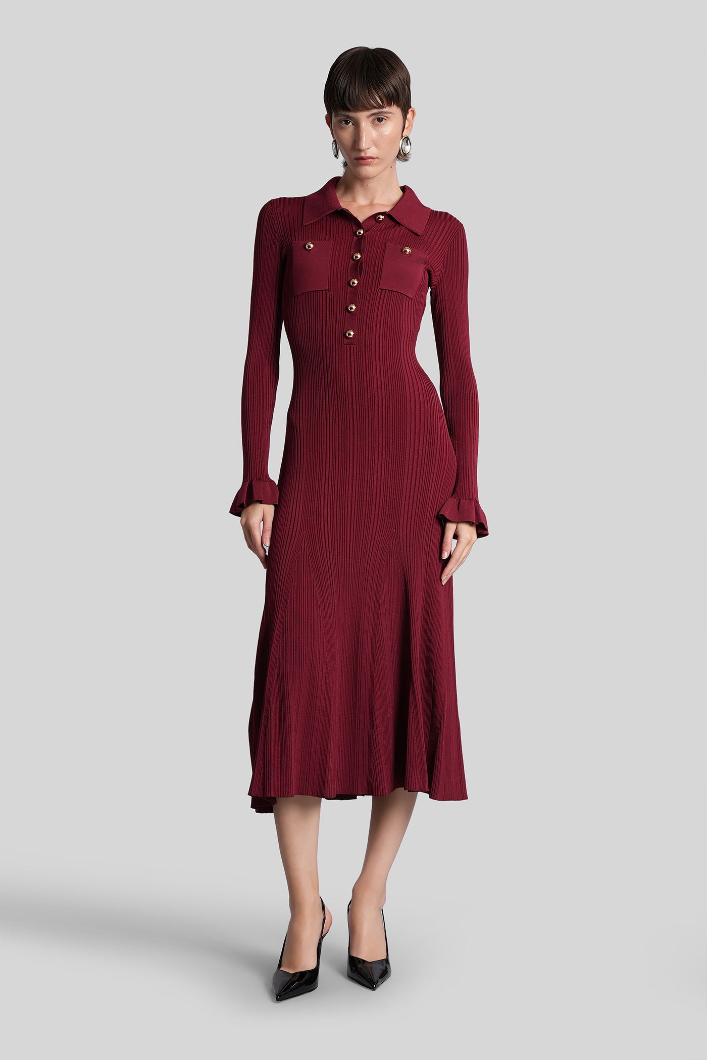Self-portrait Knee Length Dress With Flared Cuffs And Pockets In Burgundy