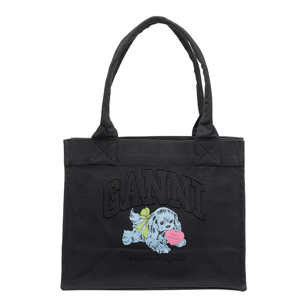 Ganni Black Large Black Shopper With Double Handles And Front Decoration In Cotton Woman In Gray