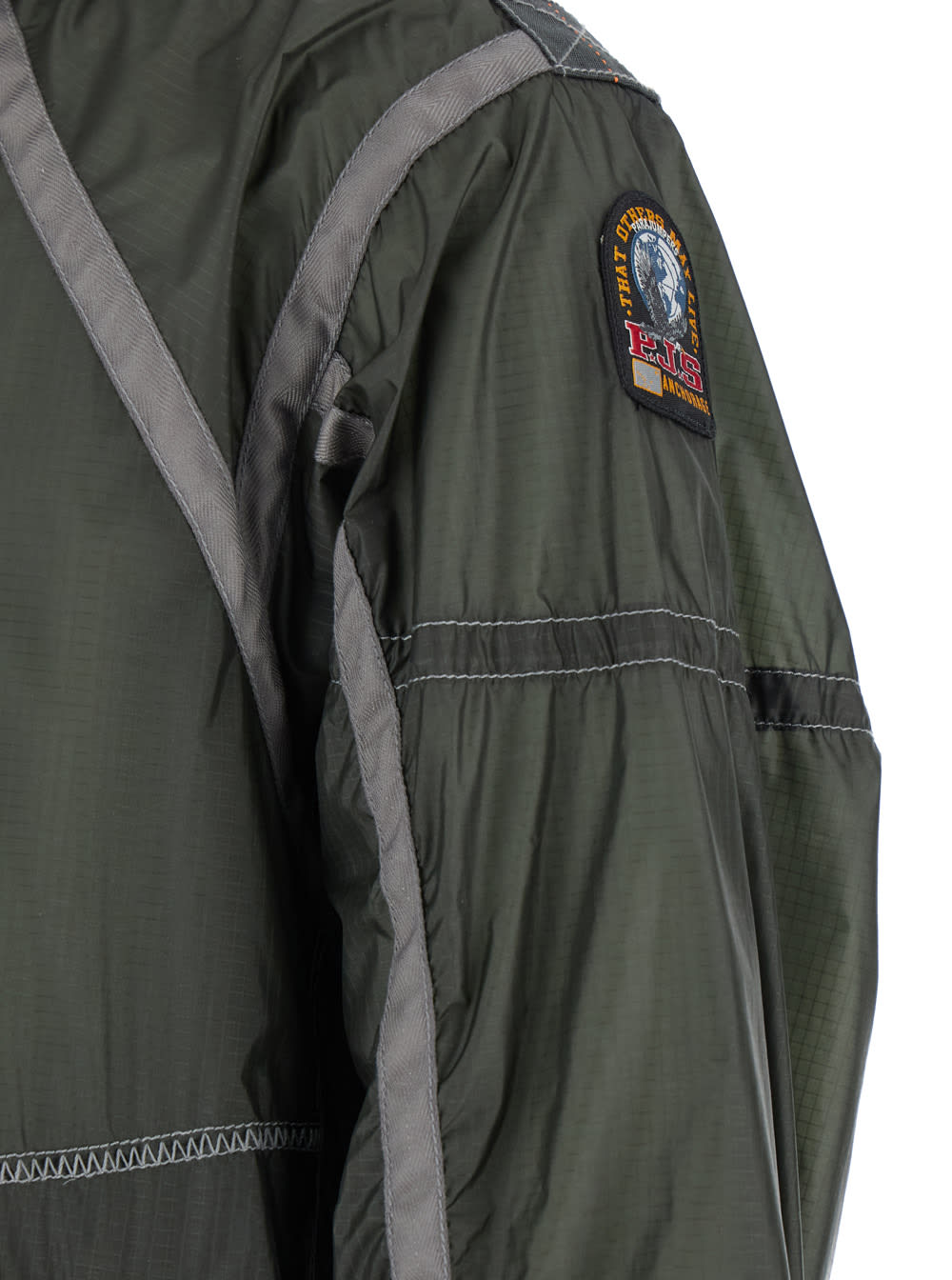 Parajumpers Edge Green Jacket With Logo Patch On The Sleeve And Shoulder Straps On The Back In Tech Fabric Man In Green