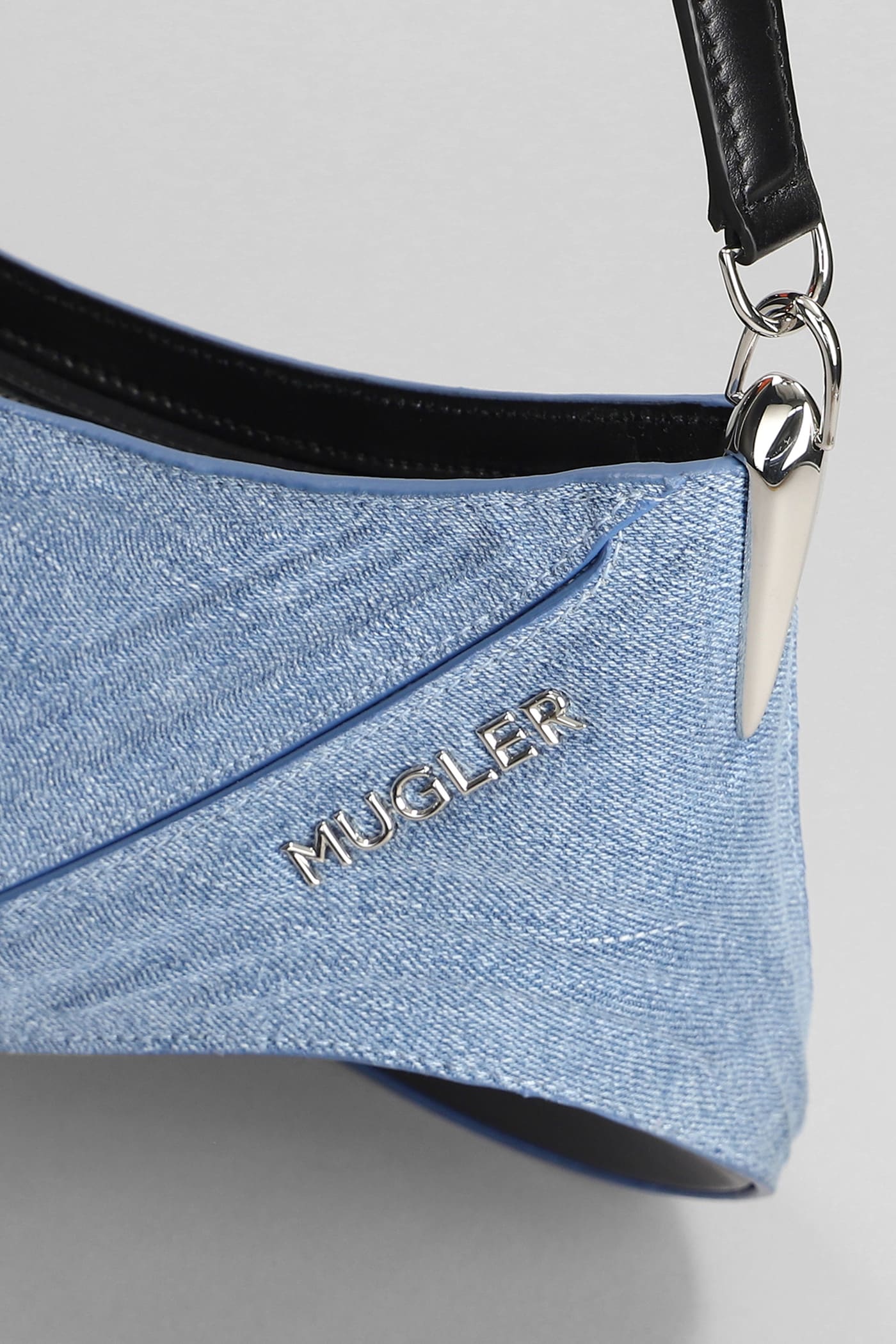Mugler Medium Denim Spiral Curve 01 Denim Shoulder Bag In Medium Blue / Black