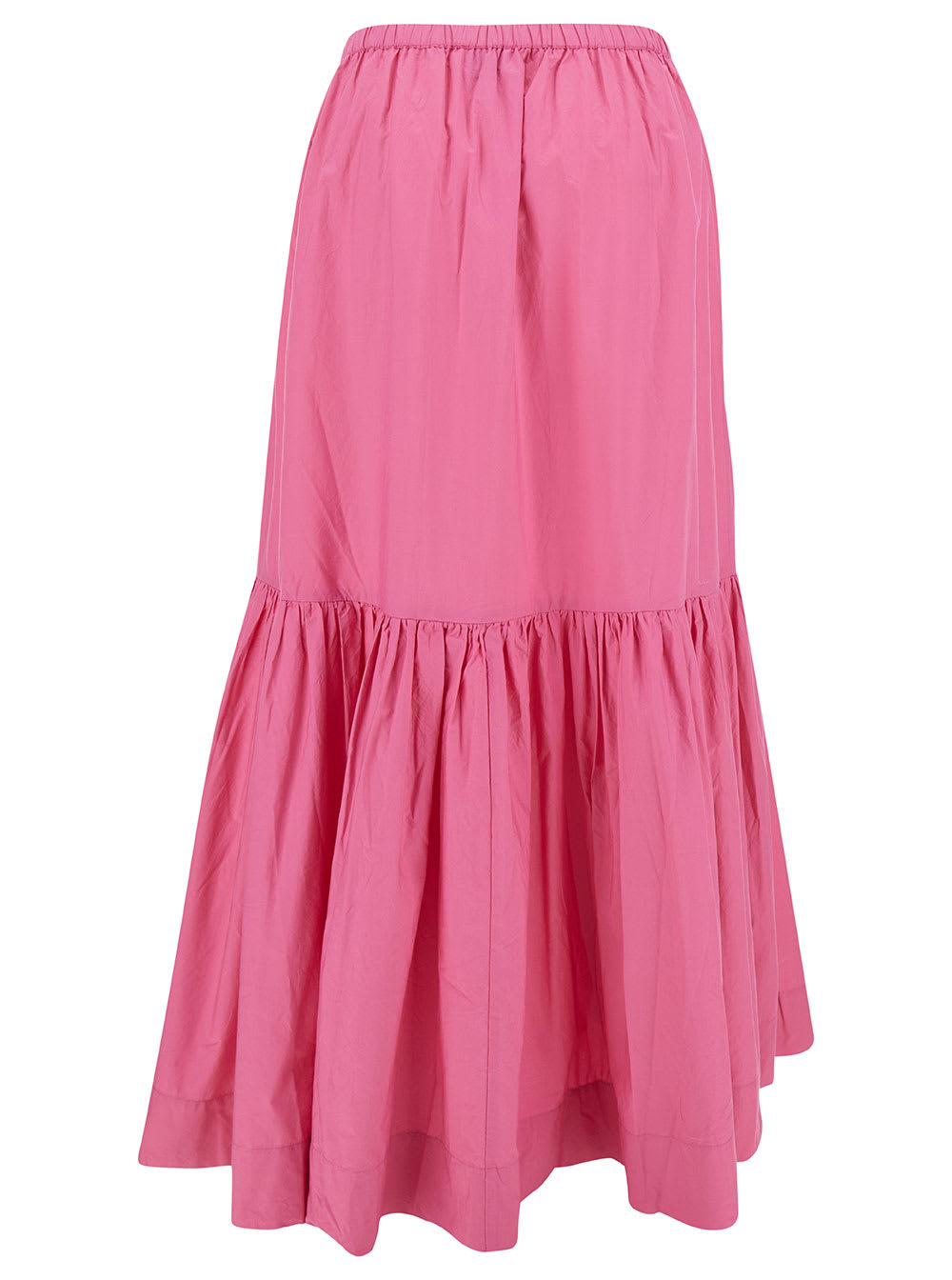 Shop Ganni Long Pink Skirt With Flounce Detail In Cotton Woman