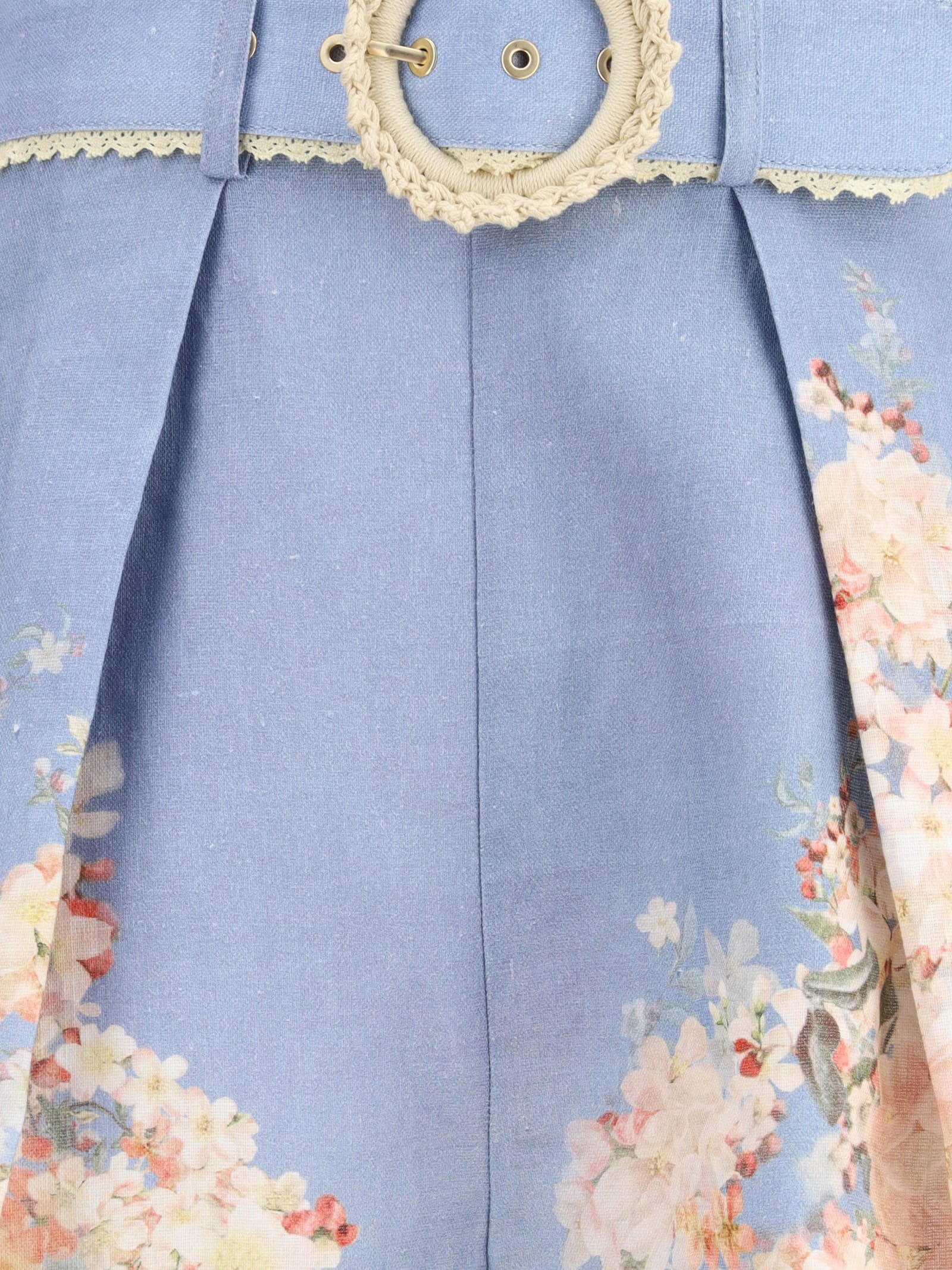 Zimmermann Cascadian Belted Lace-trimmed Pleated Floral-print Linen Shorts In Blue
