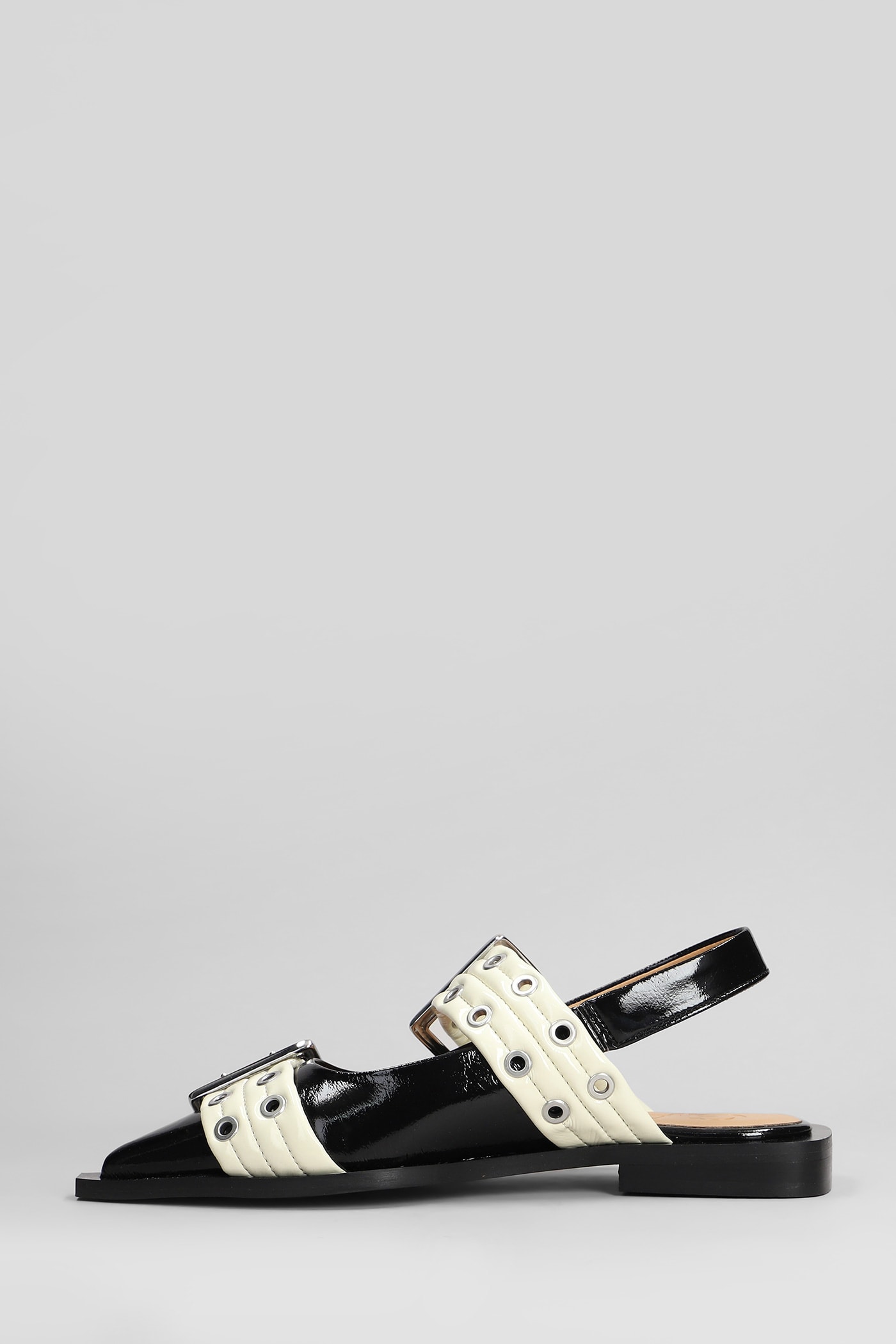 Ganni Black And White Slingback Ballerina Flats With Buckles In White