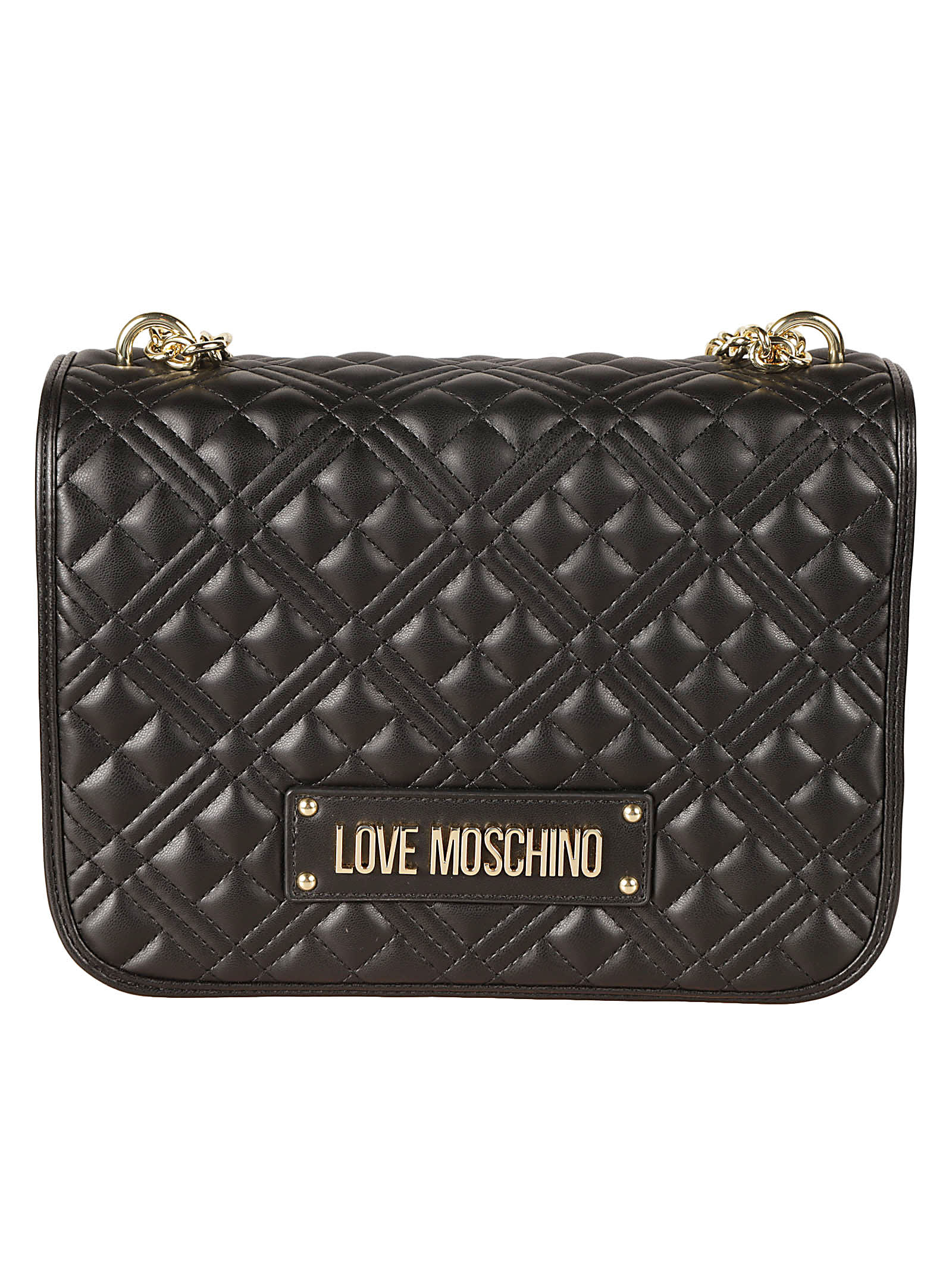 Shop Love Moschino Logo Embossed Quilted Chain Shoulder Bag In Black