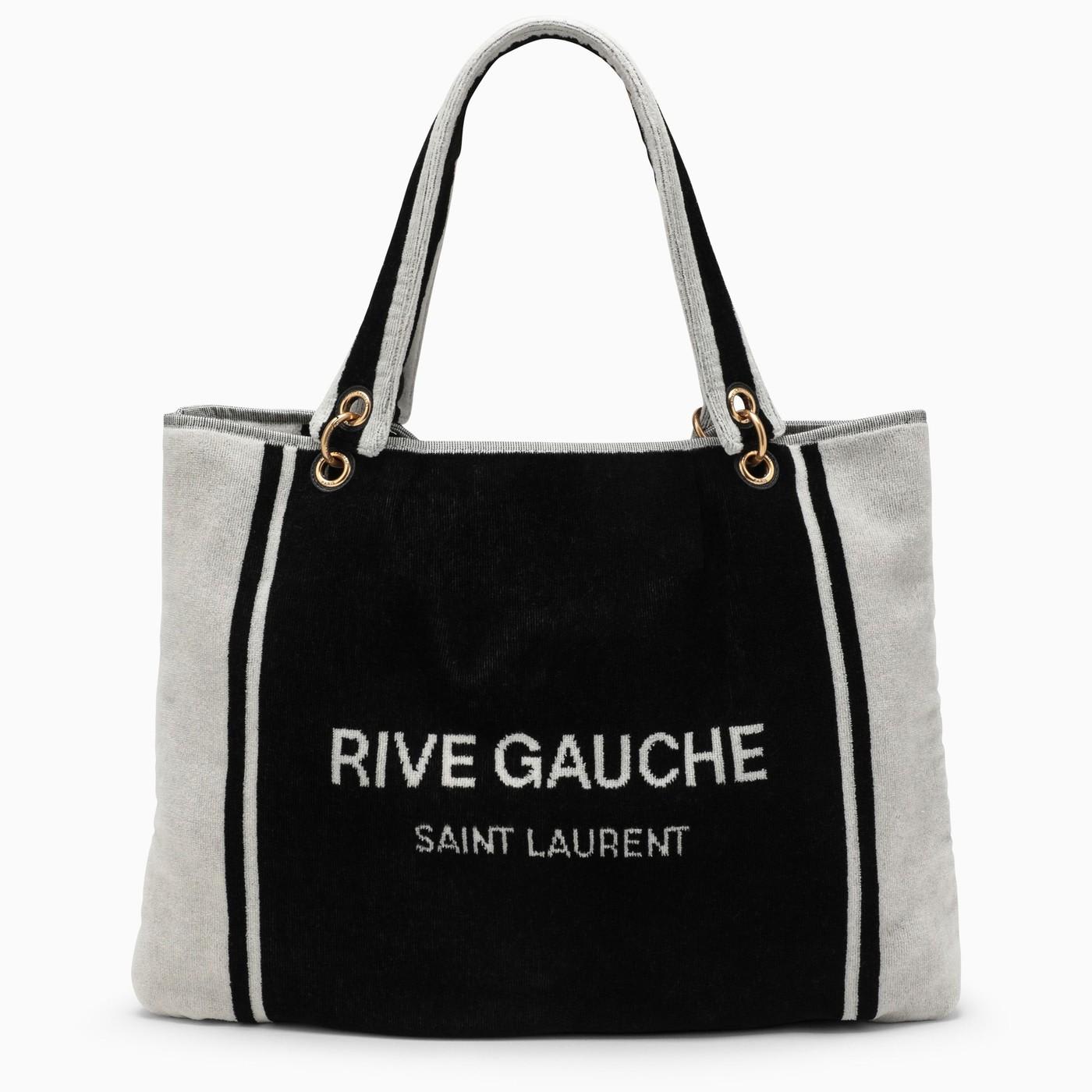 Shop Saint Laurent Rive Gauche Tote In Black And White Terry Cloth