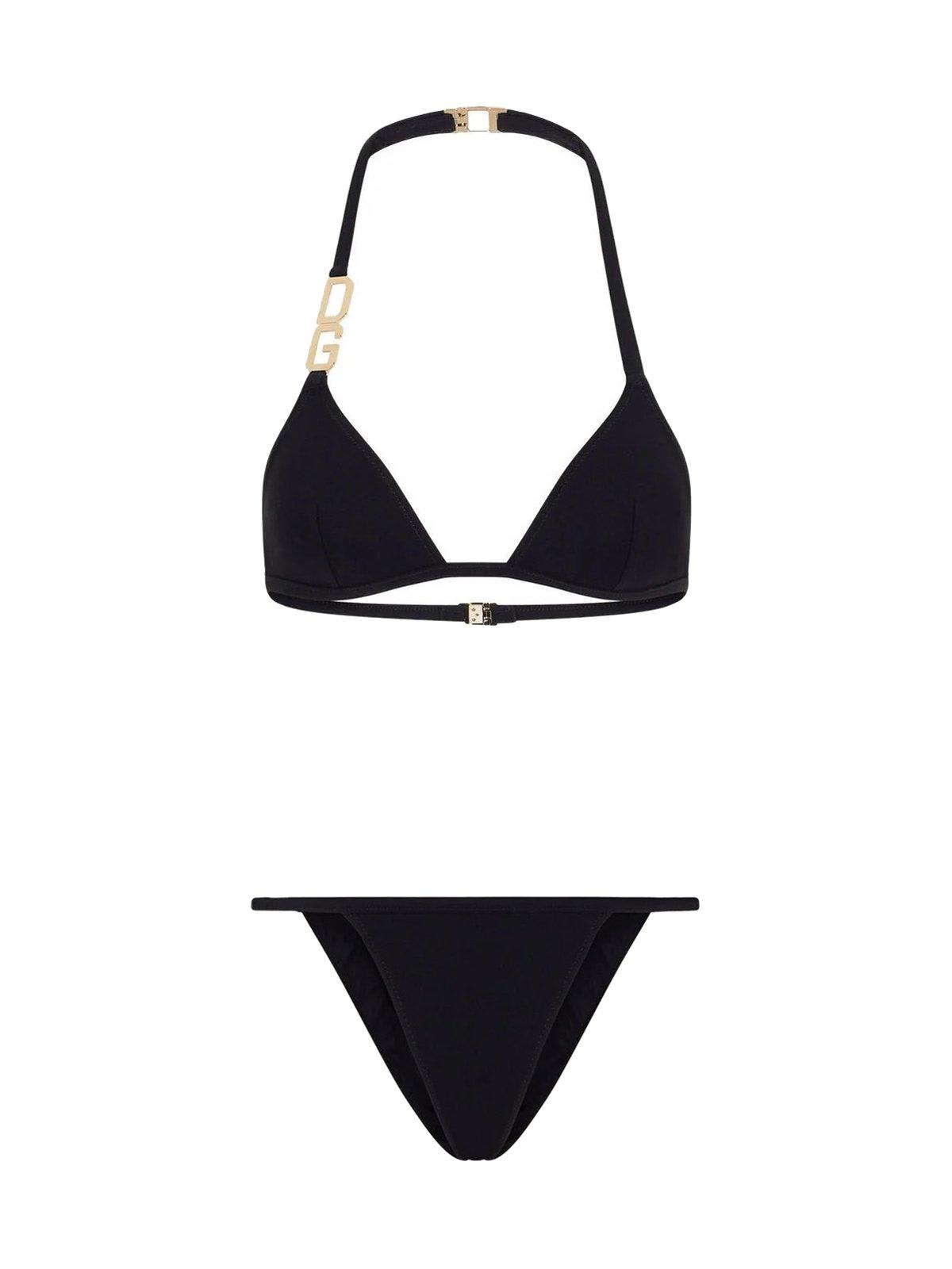 Shop Dolce & Gabbana Dg Plaque Triangle Bikini Set In Black