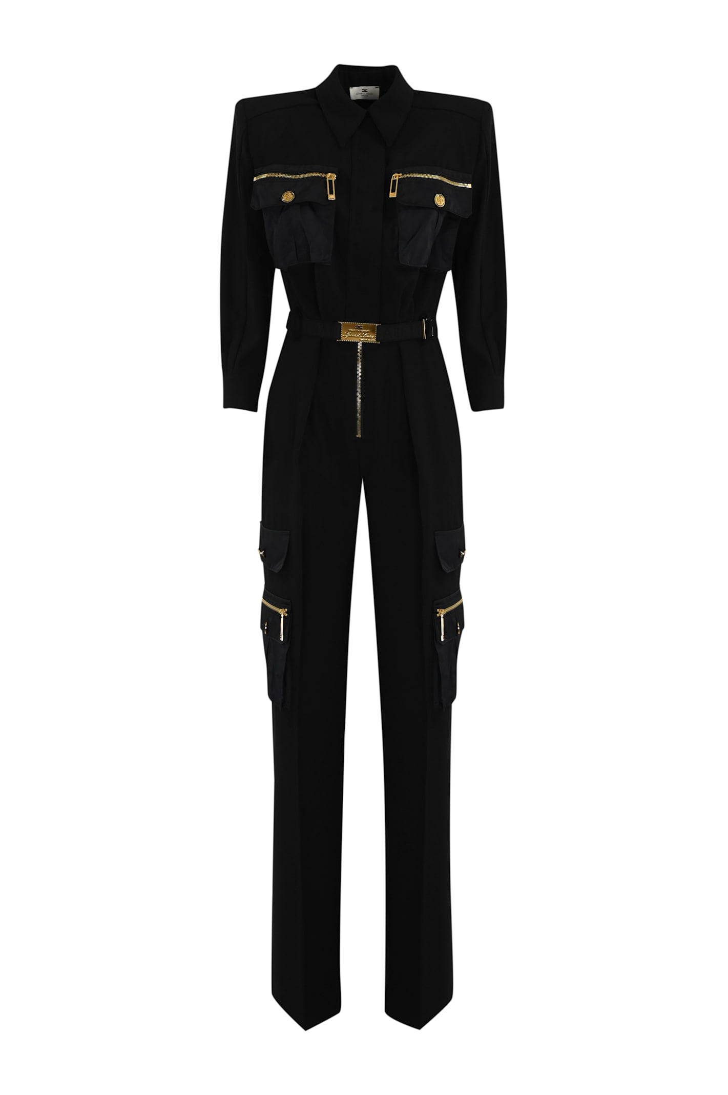 Shop Elisabetta Franchi Crepe Cargo Suit With Belt In Nero