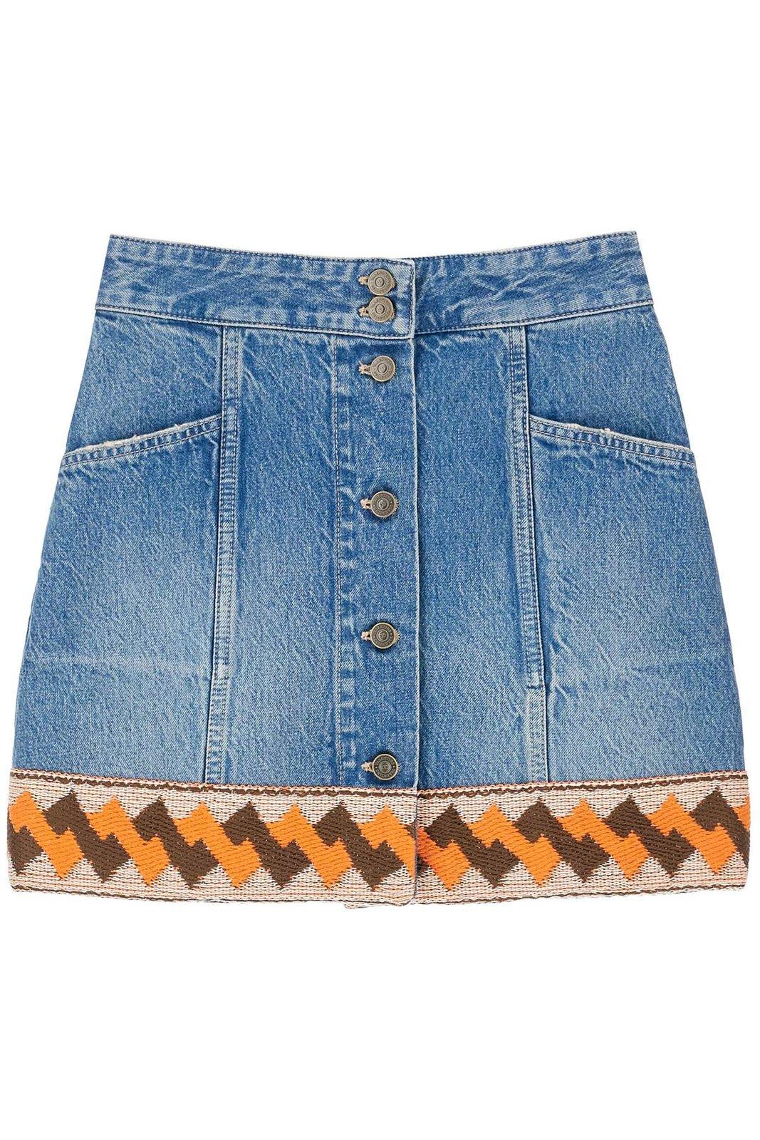 Jacquard-trim Mid-rise Denim Skirt