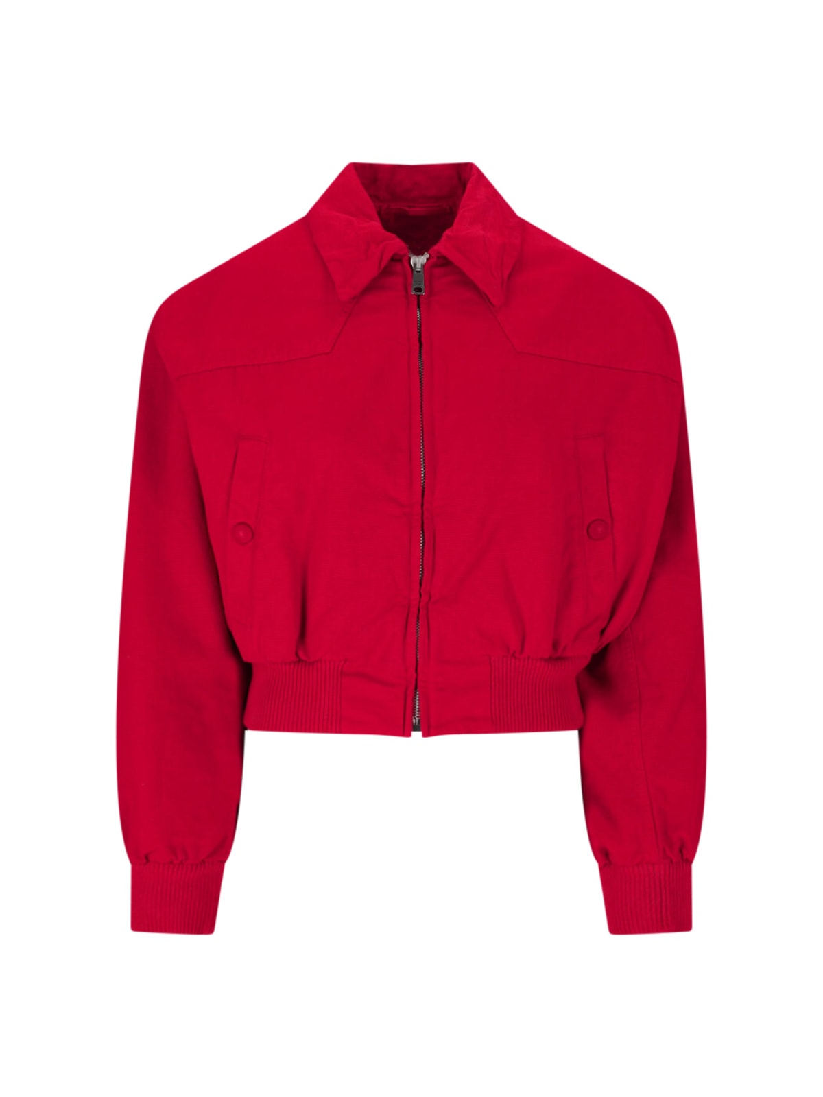 Prada Pocketed Collar Cropped Ribbed Jacket In Red