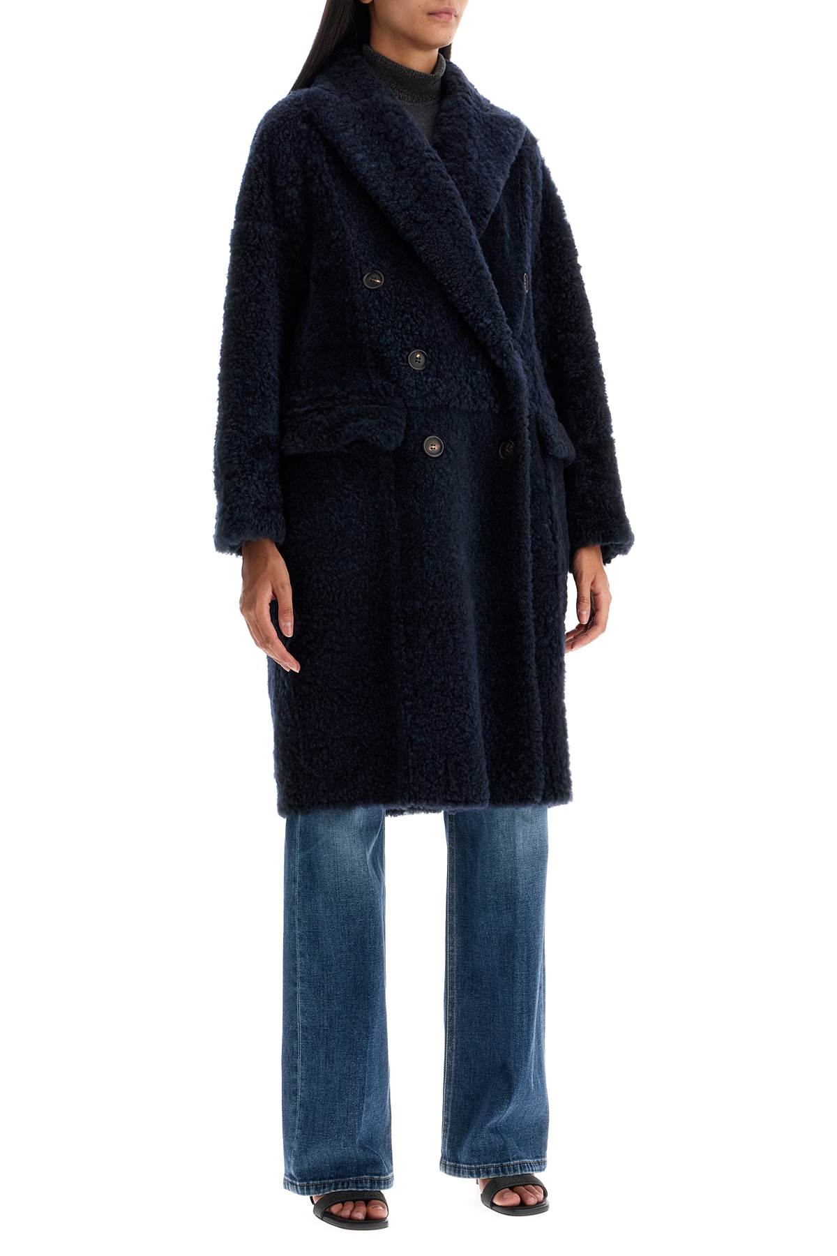 Shop Brunello Cucinelli Shearling Frosty Effect Coat In Blu Freddo (blue)