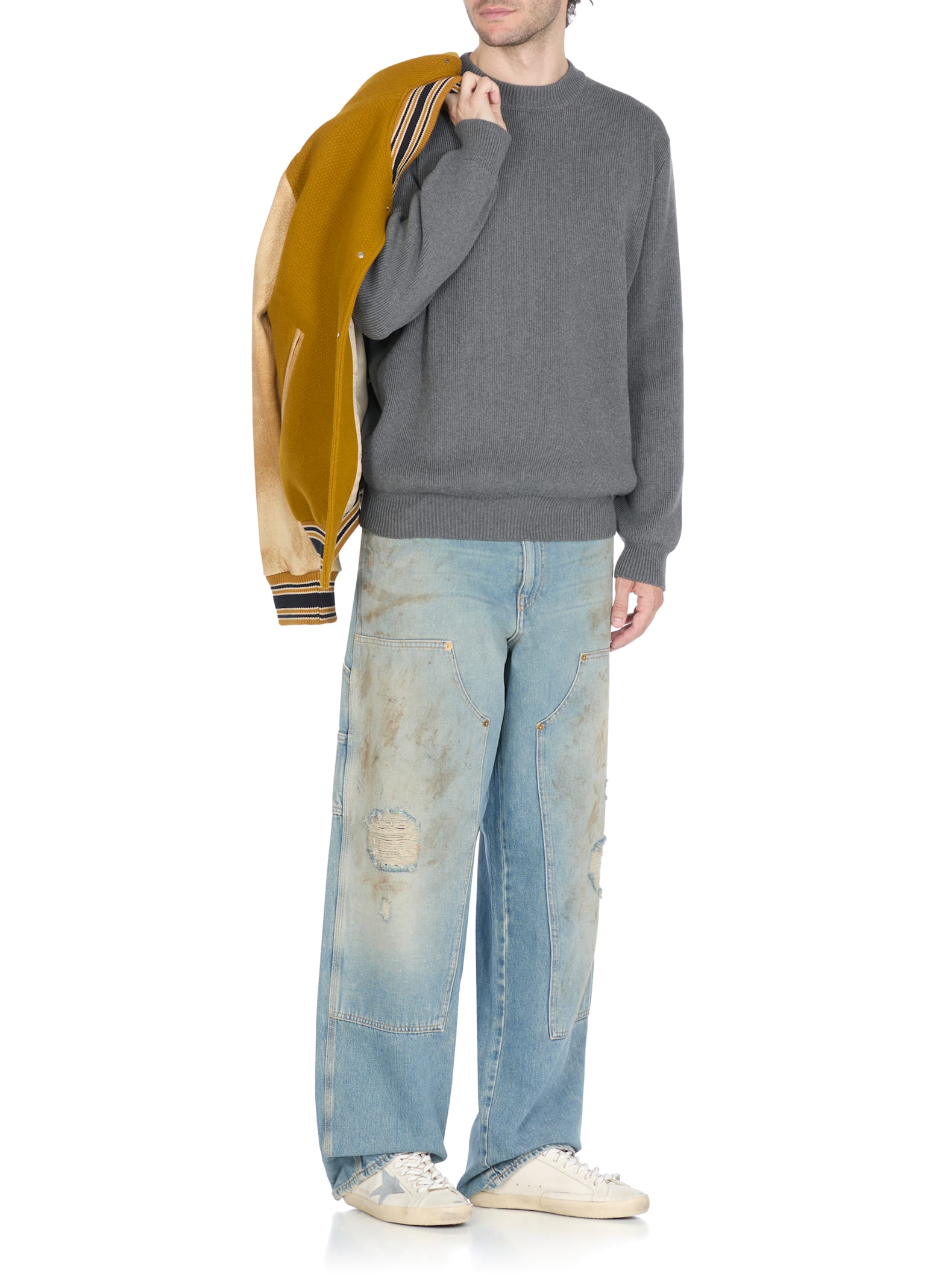 Golden Goose Grey Crewneck Sweater With Maxi Logo Lettering On The Rear In Gray
