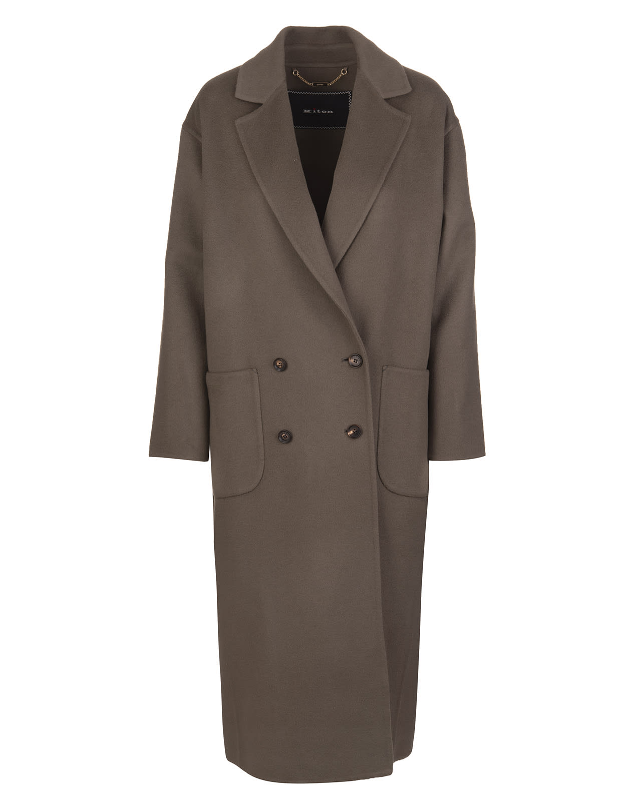 Kiton Woman Long Double-breasted Coat In Brown Cashmere
