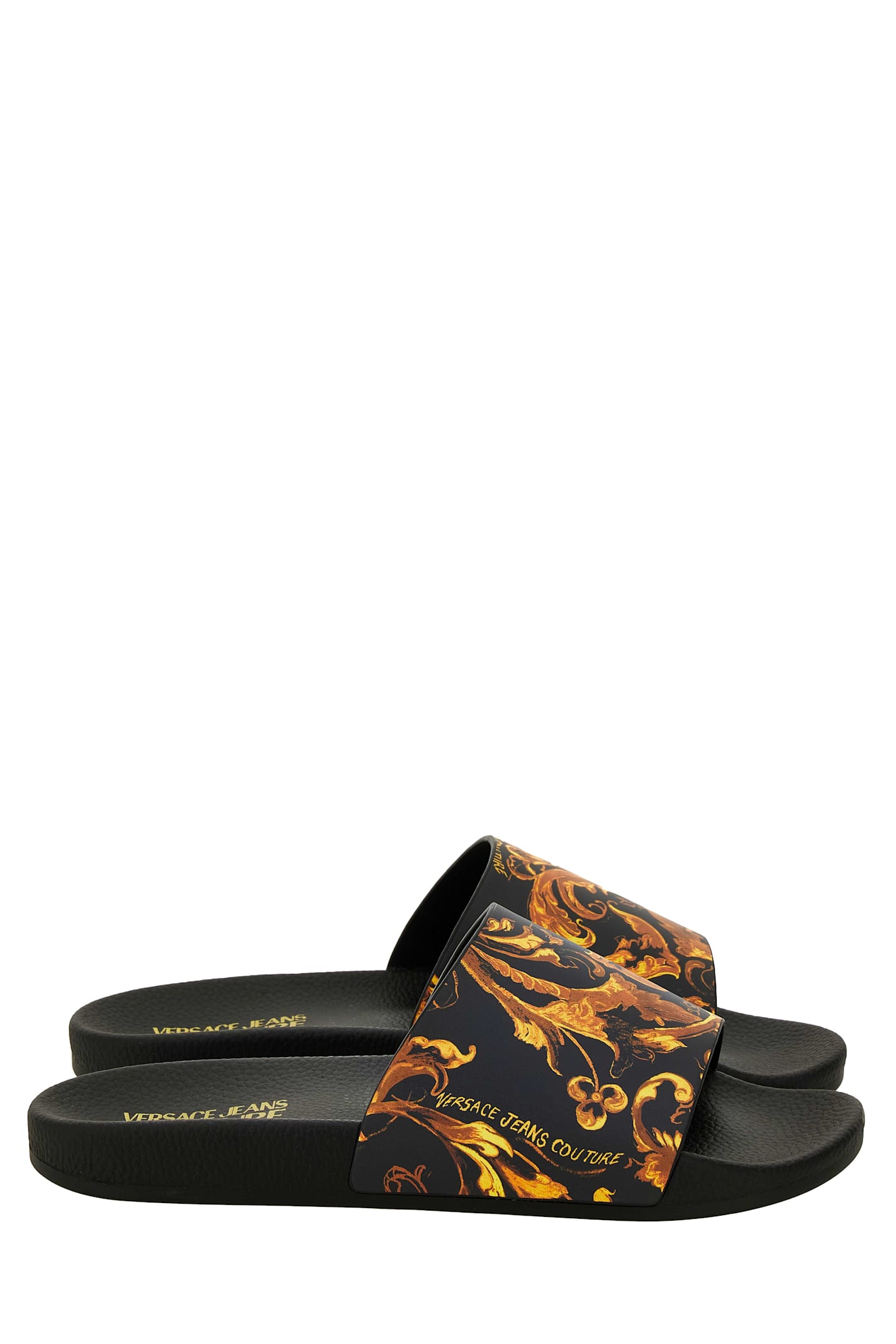 Versace Jeans Couture Baroque-print Slides In Black