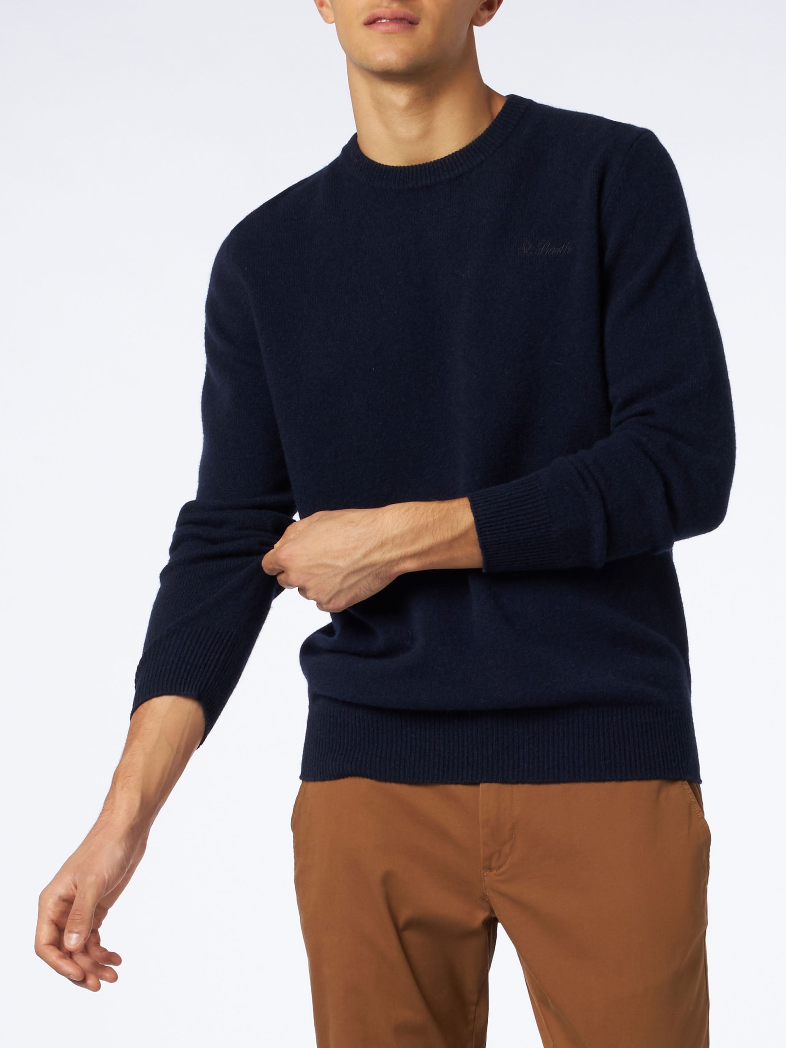 Shop Mc2 Saint Barth Man Crewneck Blue Sweater With St. Barth Embroidery