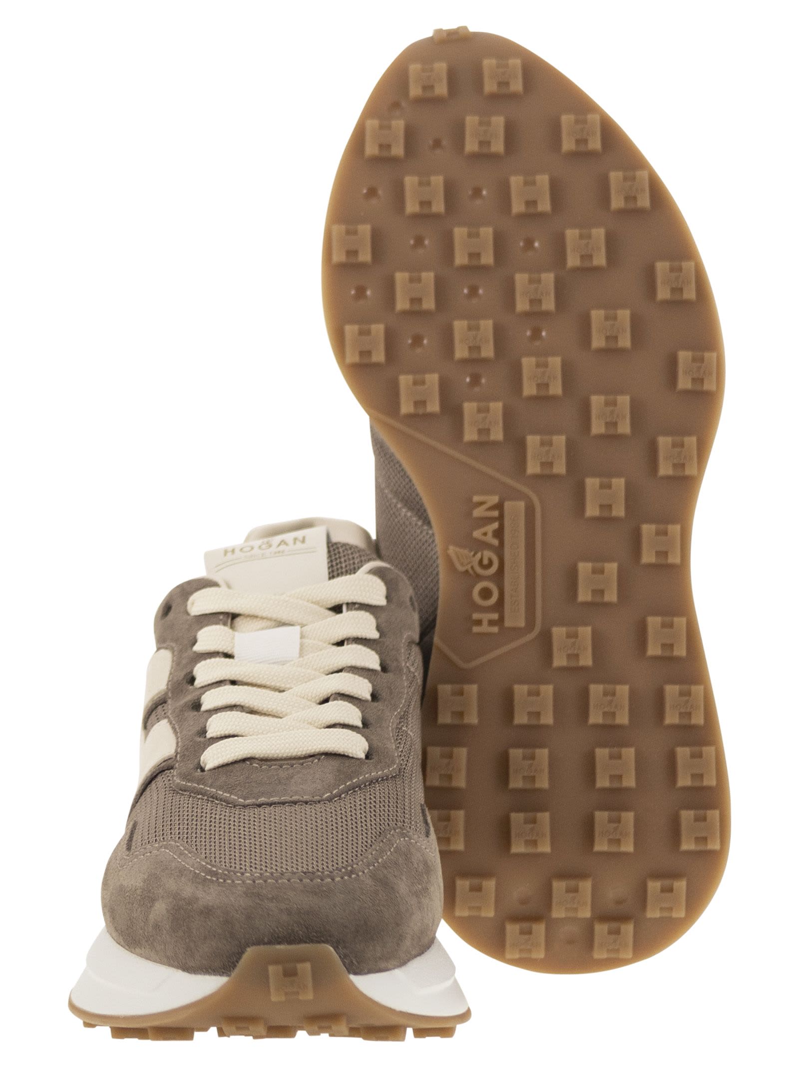 Shop Hogan H641 - Leather And Canvas Trainers In Tortora