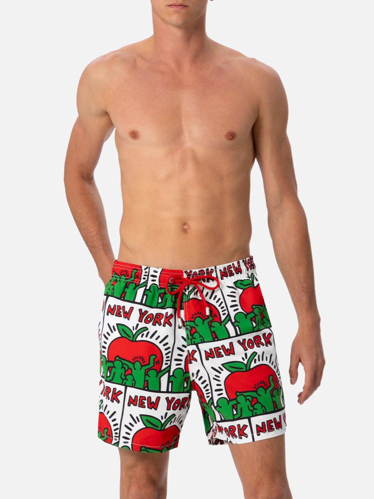 Mc2 Saint Barth Man Mid-length Gustavia Swim-shorts With Keith Haring Design Placed Print Keith Haring Special Editi In White
