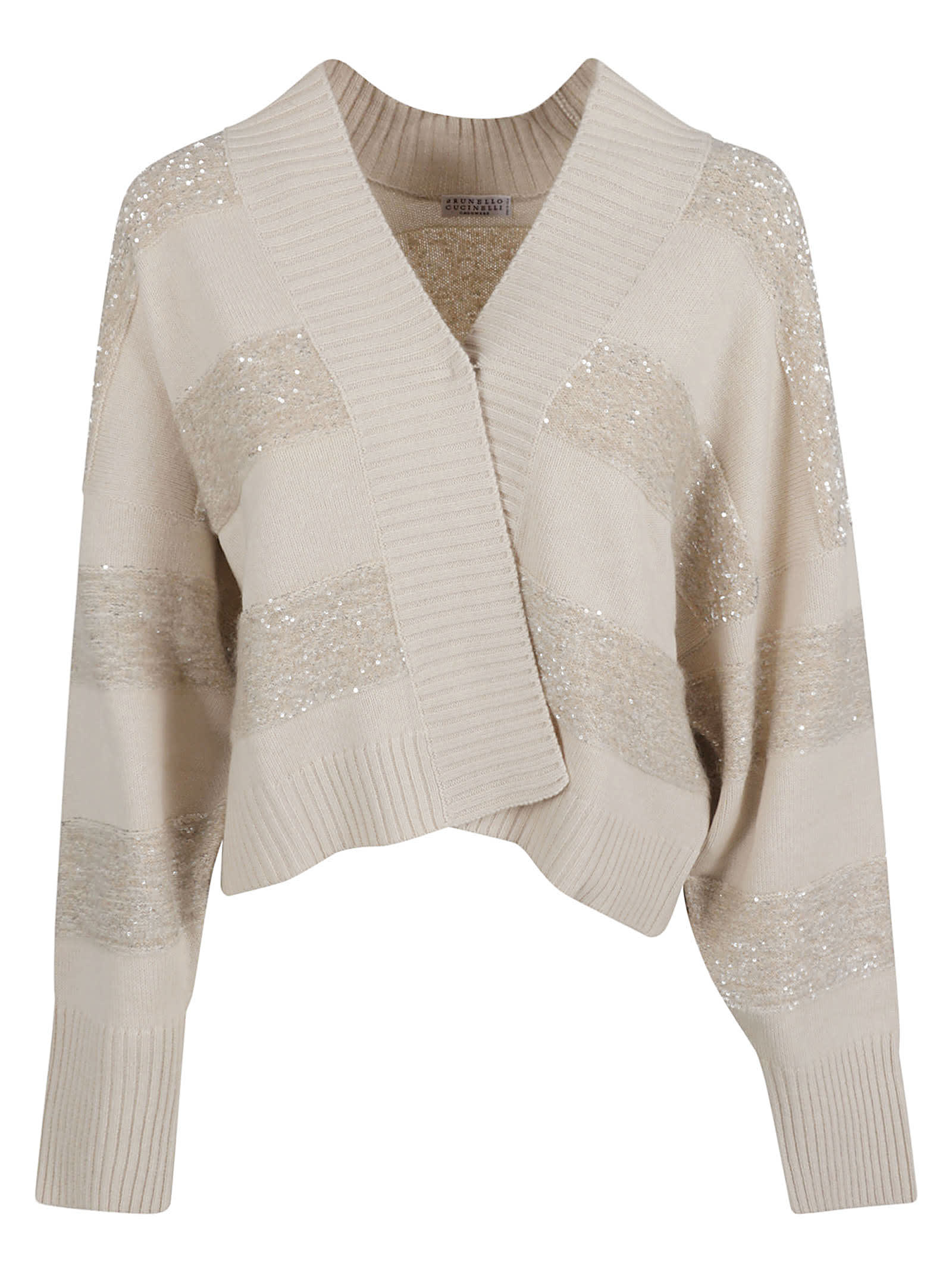 Shop Brunello Cucinelli Stripe Embellished Rib Trim Cardigan In Beige