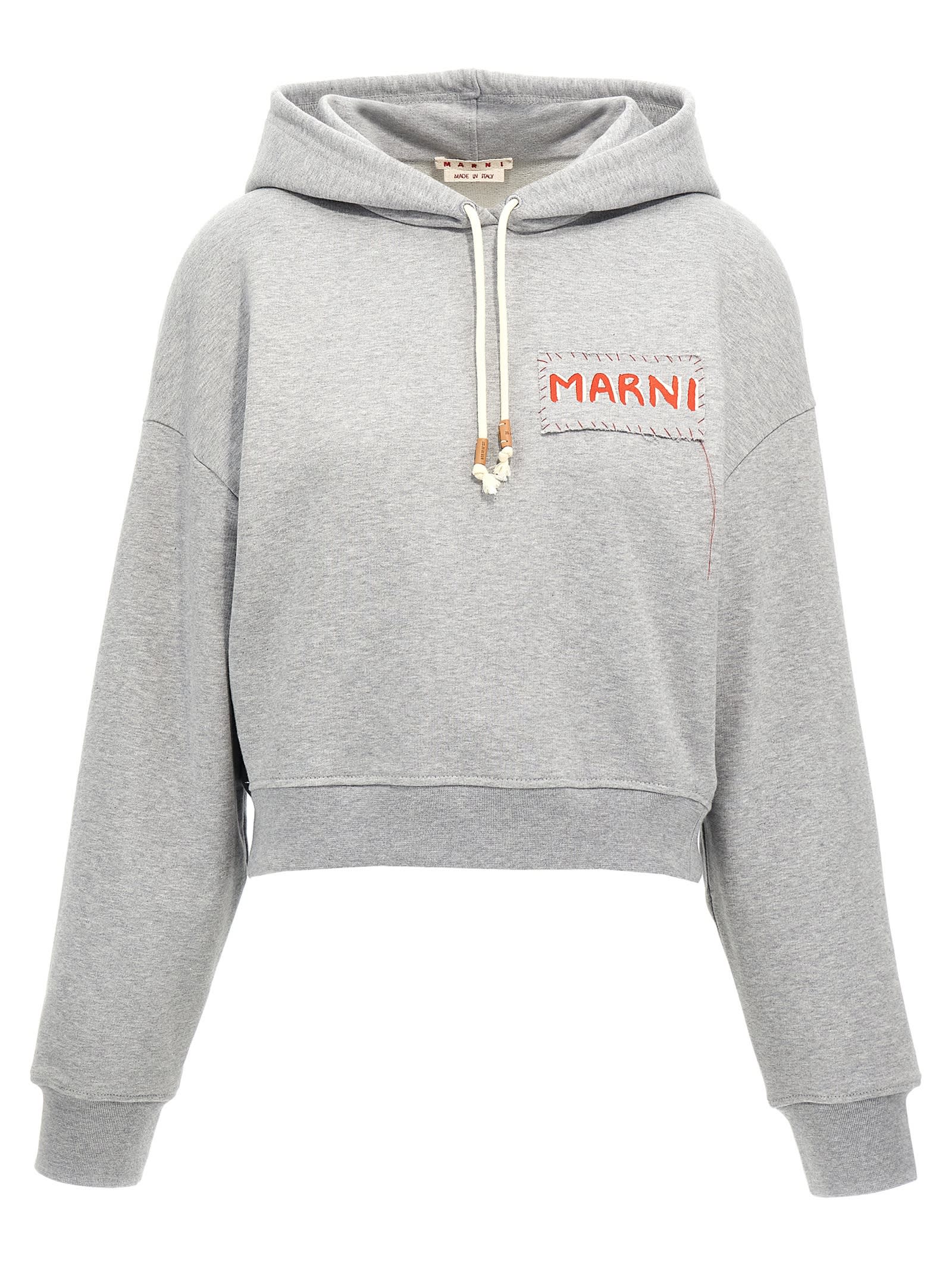 Shop Marni Logo Print Cropped Hoodie In Gray