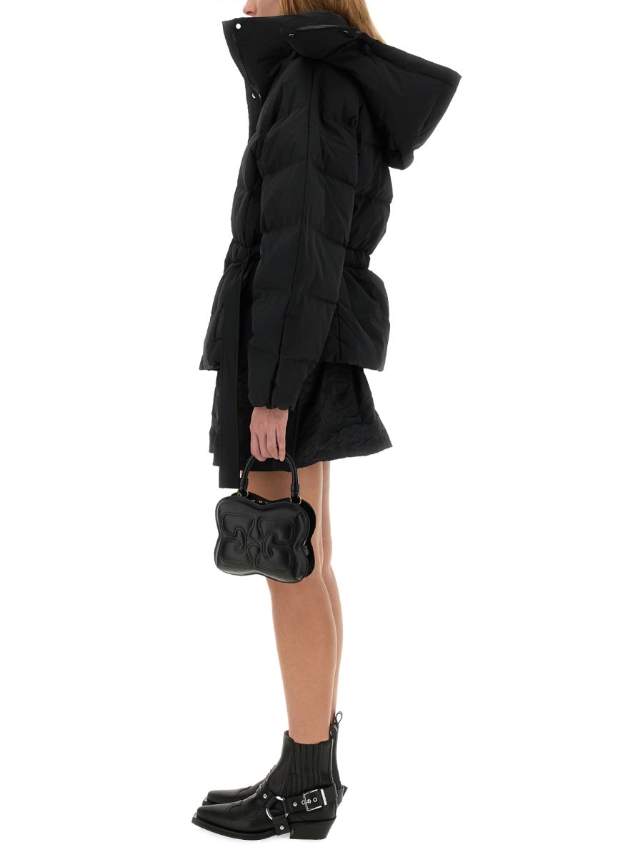 Ganni Oversized Seersucker Puffer Jacket With Removable Hood In Black