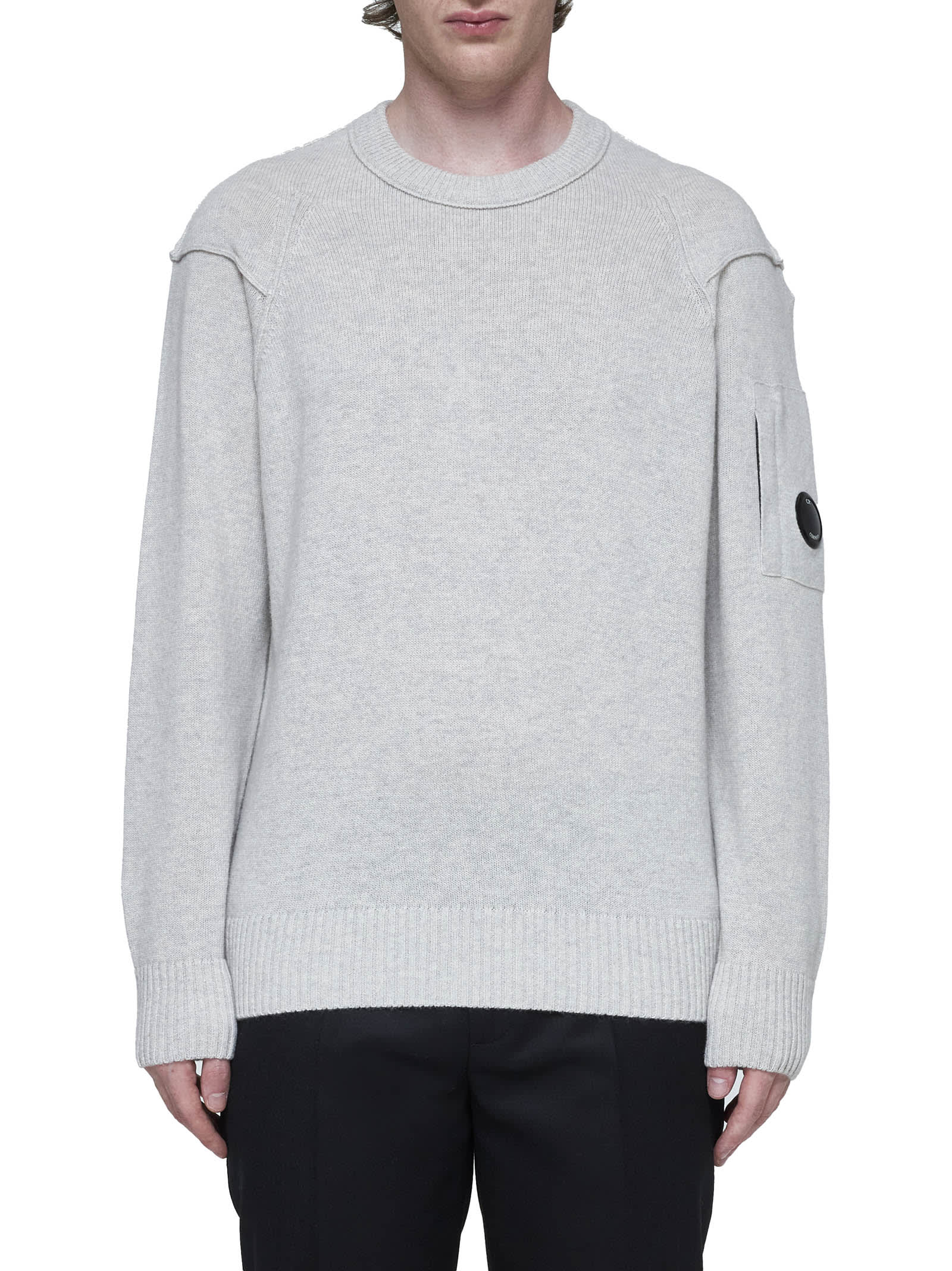 C.p. Company Gray Diagonal Raised Fleece Crewneck Lens Sweatshirt In Off White Melange