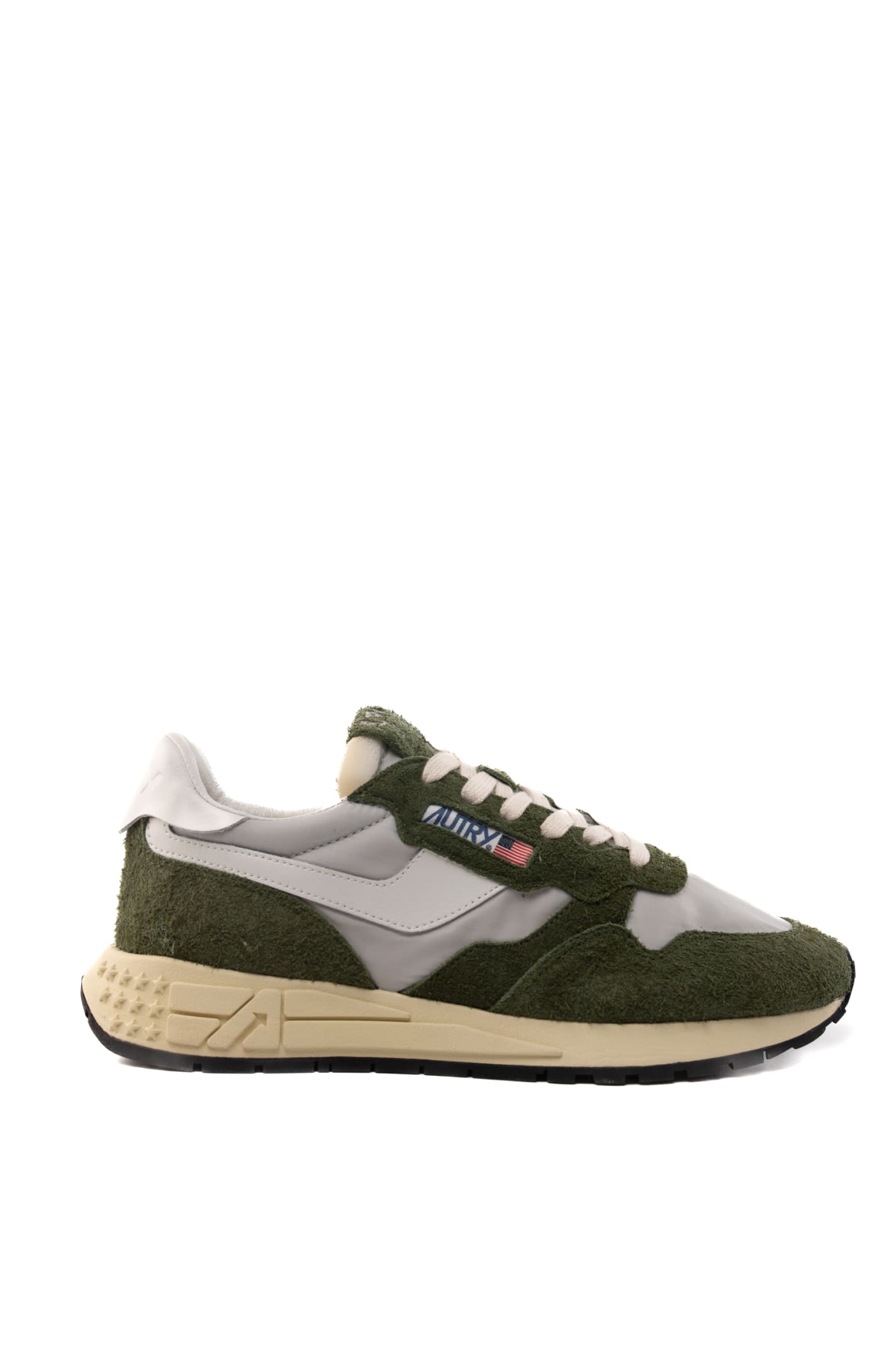 Shop Autry Reelwind Low Sneakers In White And Green Nylon And Suede In White/grey/green