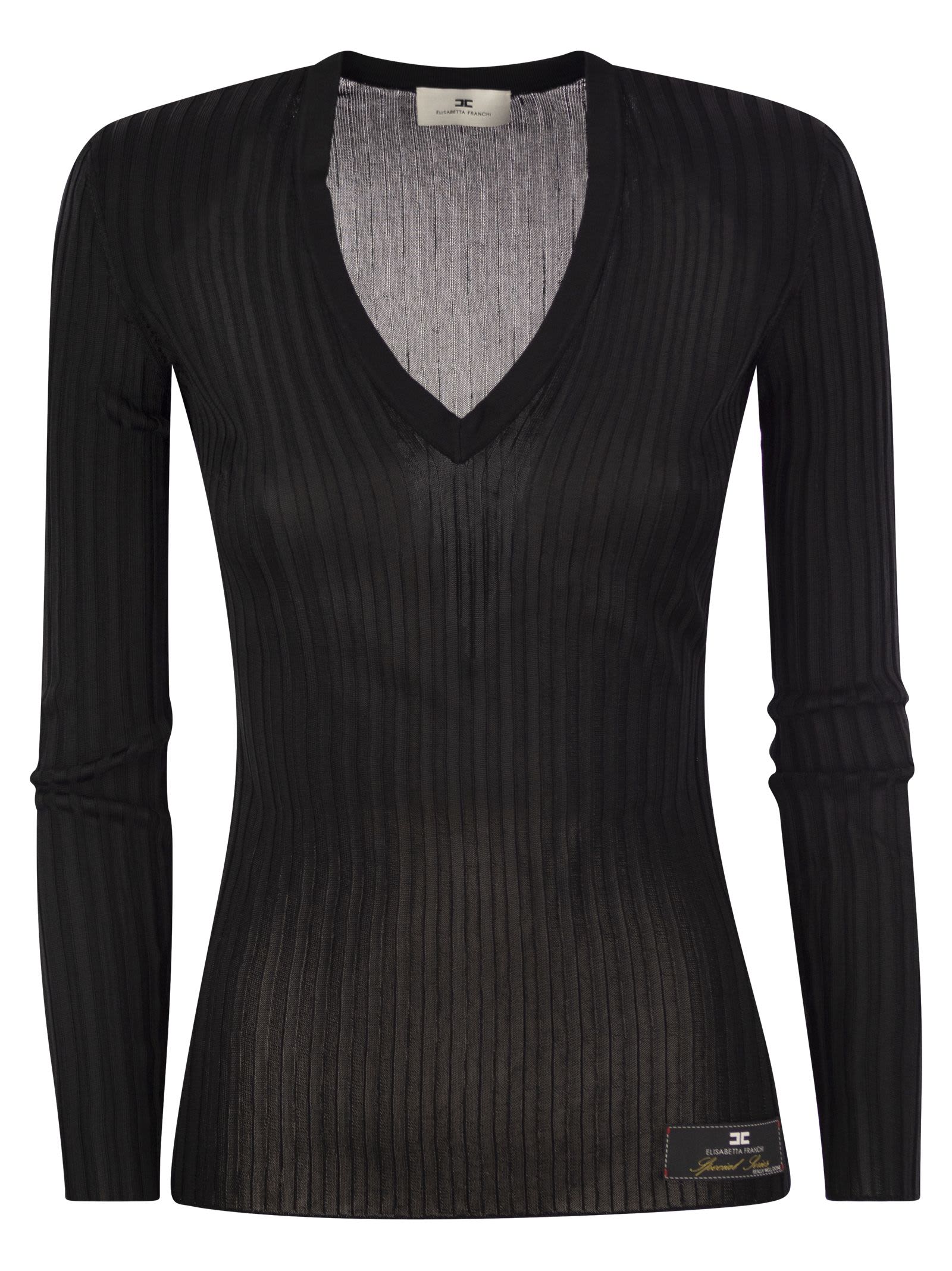 Elisabetta Franchi Black Ribbed Top In Black