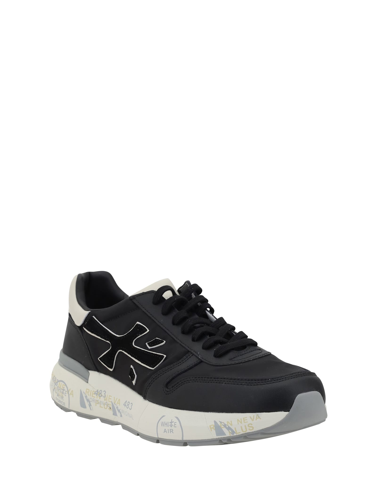 Premiata Round Toe Leather Sneakers With Contrasting Sole In Black