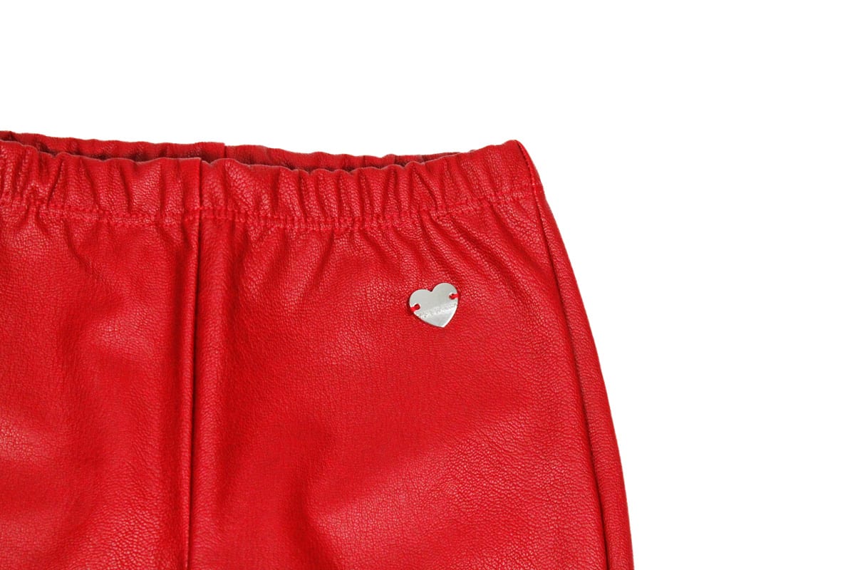Monnalisa Leggings Trousers In Super Stretch Eco-leather With Applied Metal Heart In Red