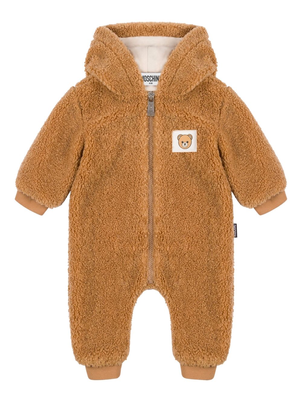 Moschino Kids One-piece Suit With Faux Fur Hood In Brown