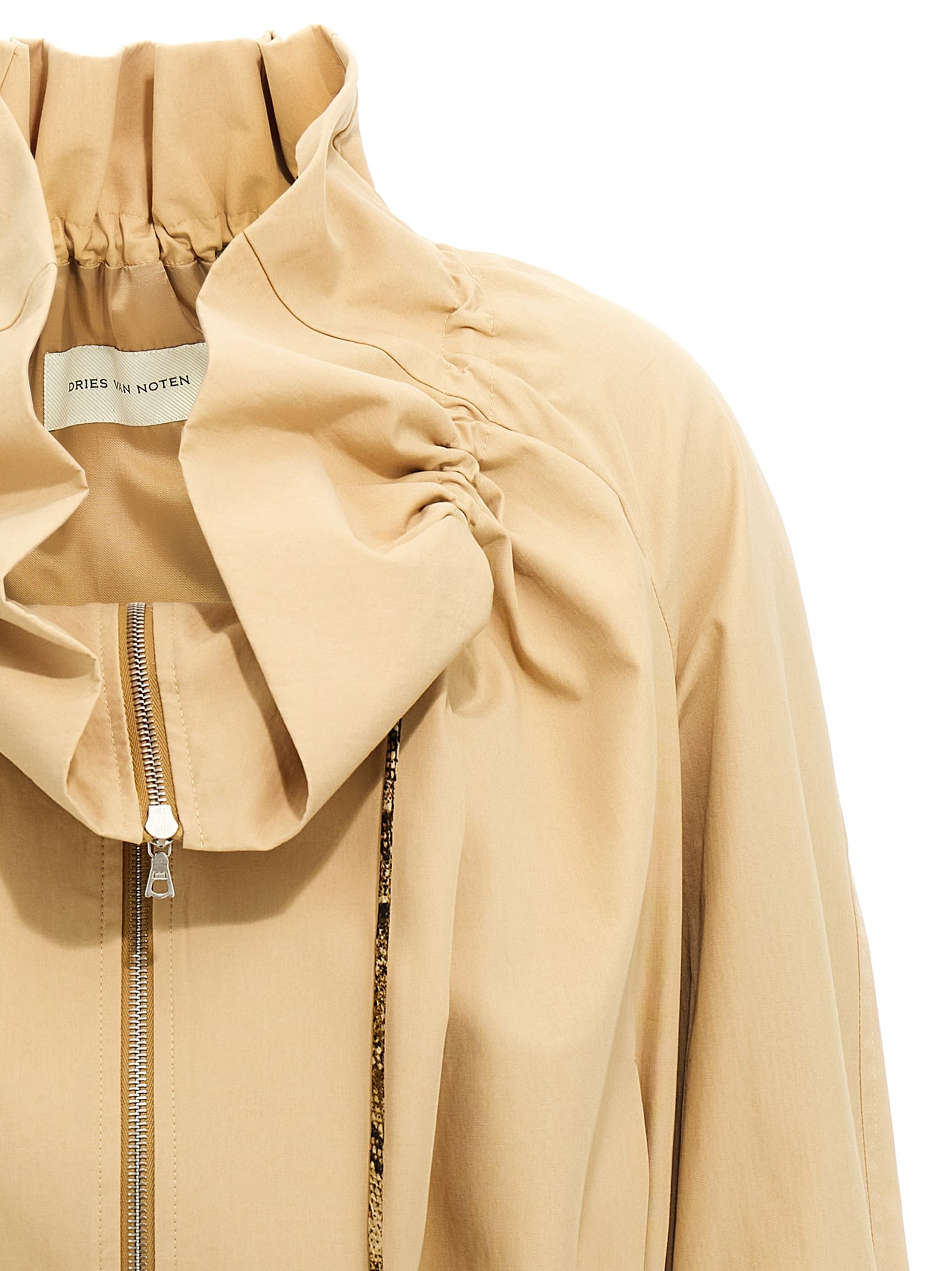 Dries Van Noten Cropped Ruffled Cotton-canvas Jacket In Beige