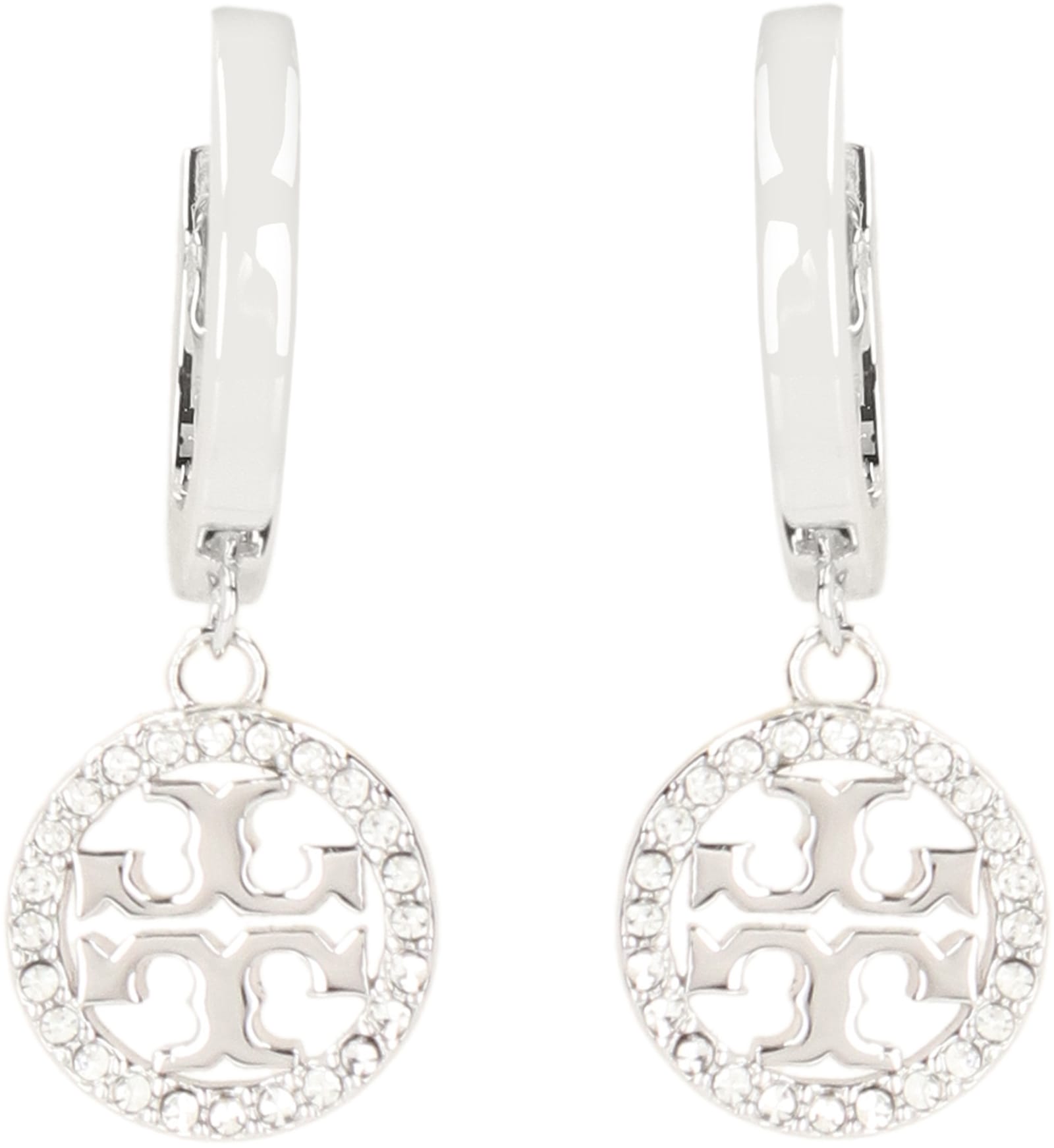 Tory Burch 'miller' Metallic Earings With Double T Logo Charm In Silver