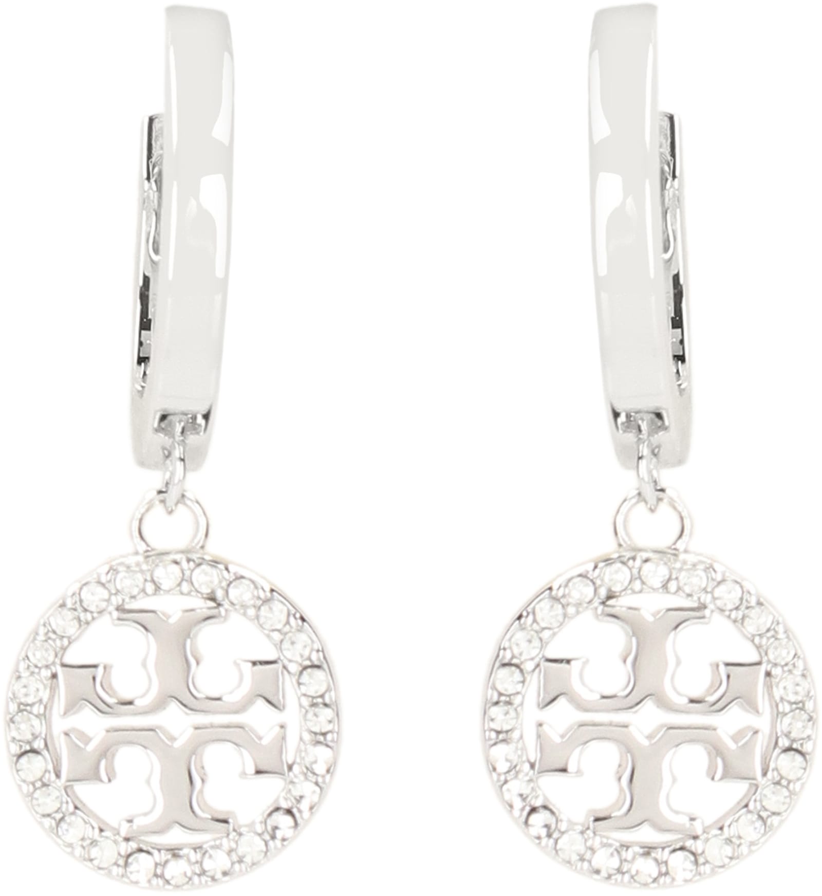 Shop Tory Burch Miller Logo Hoop Earrings In Silver/crystal