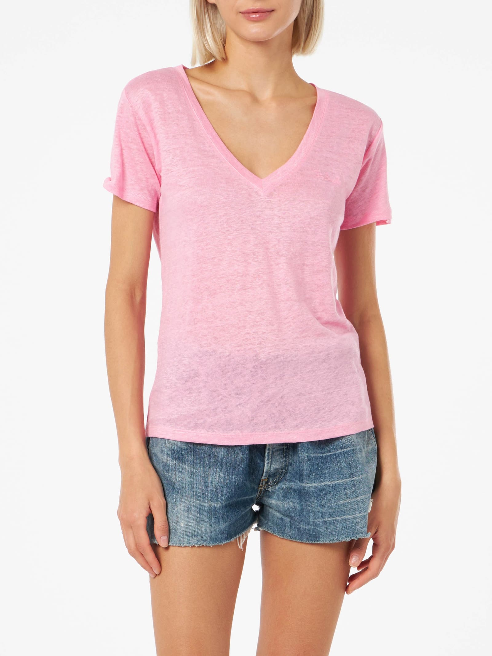 Mc2 Saint Barth Linen Jersey Pink V-neck T-shirt Eloise In Pink