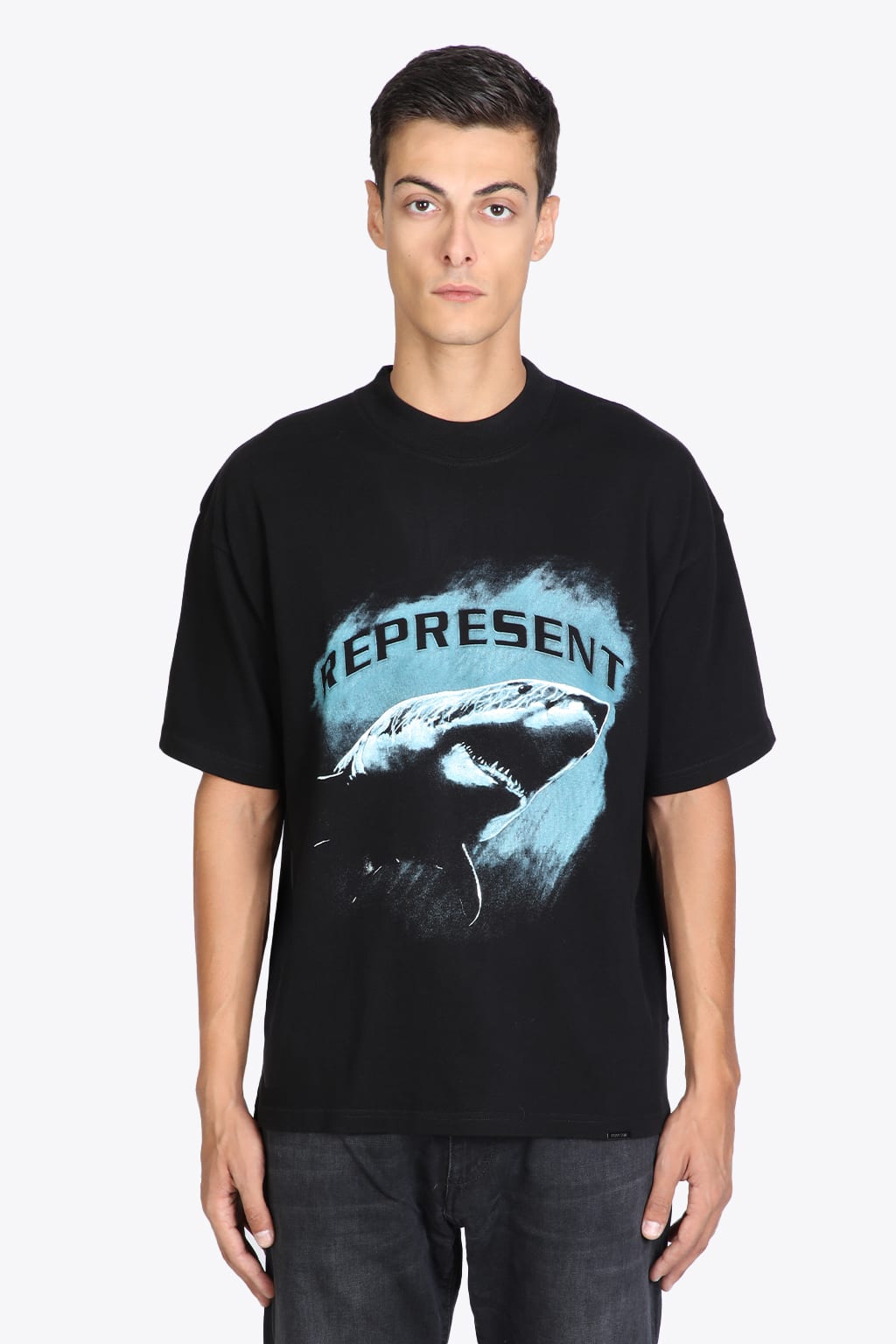 REPRESENT Shark T-shirt Black cotton t-shirt with shark and logo print - Shark t-shirt
